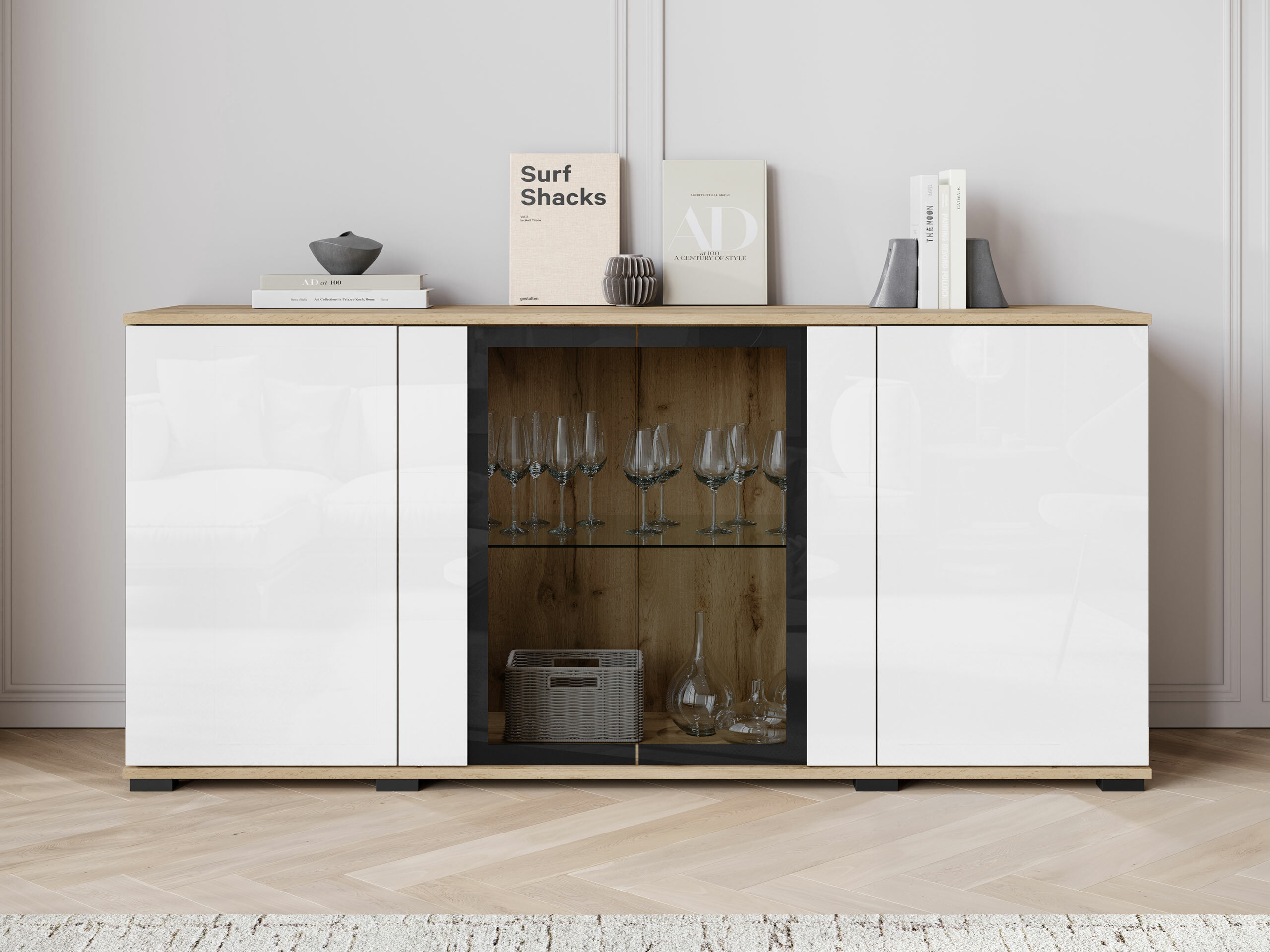 Sideboard Torcame 102 (Wotan Oak + Glossy white)