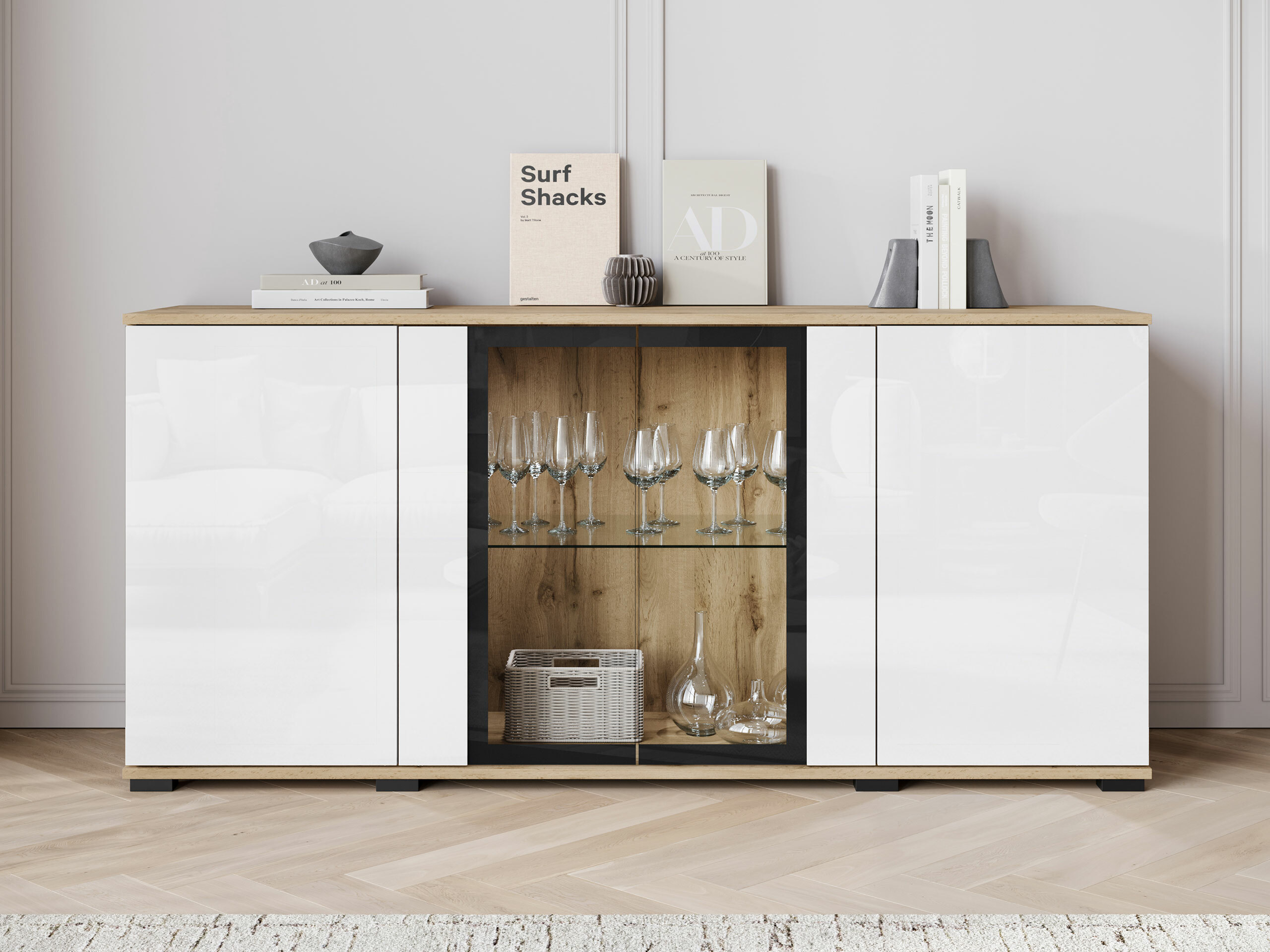 Sideboard Torcame 102 (Wotan Oak + Glossy white)
