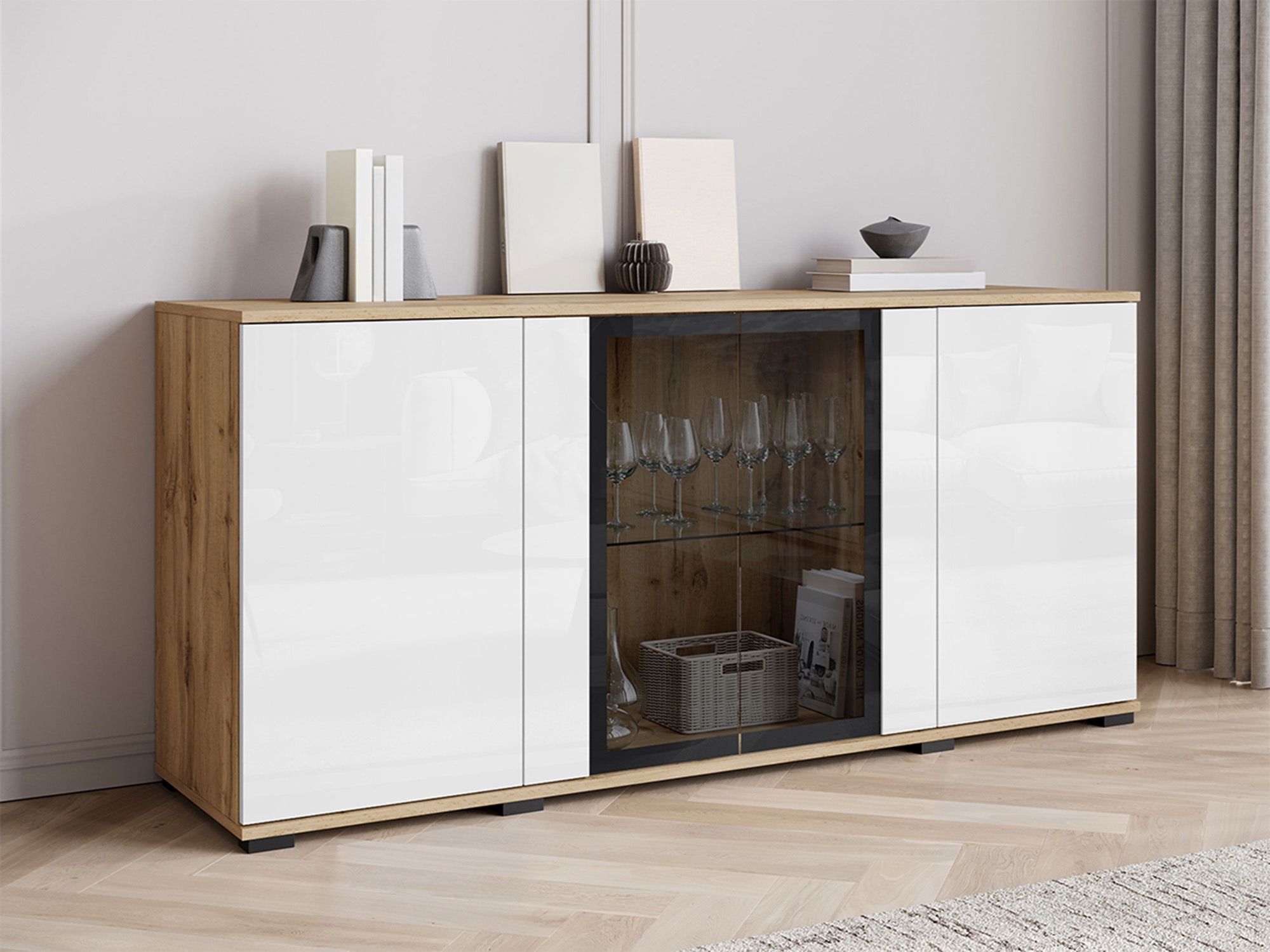 Sideboard Torcame 102 (Wotan Oak + Glossy white)