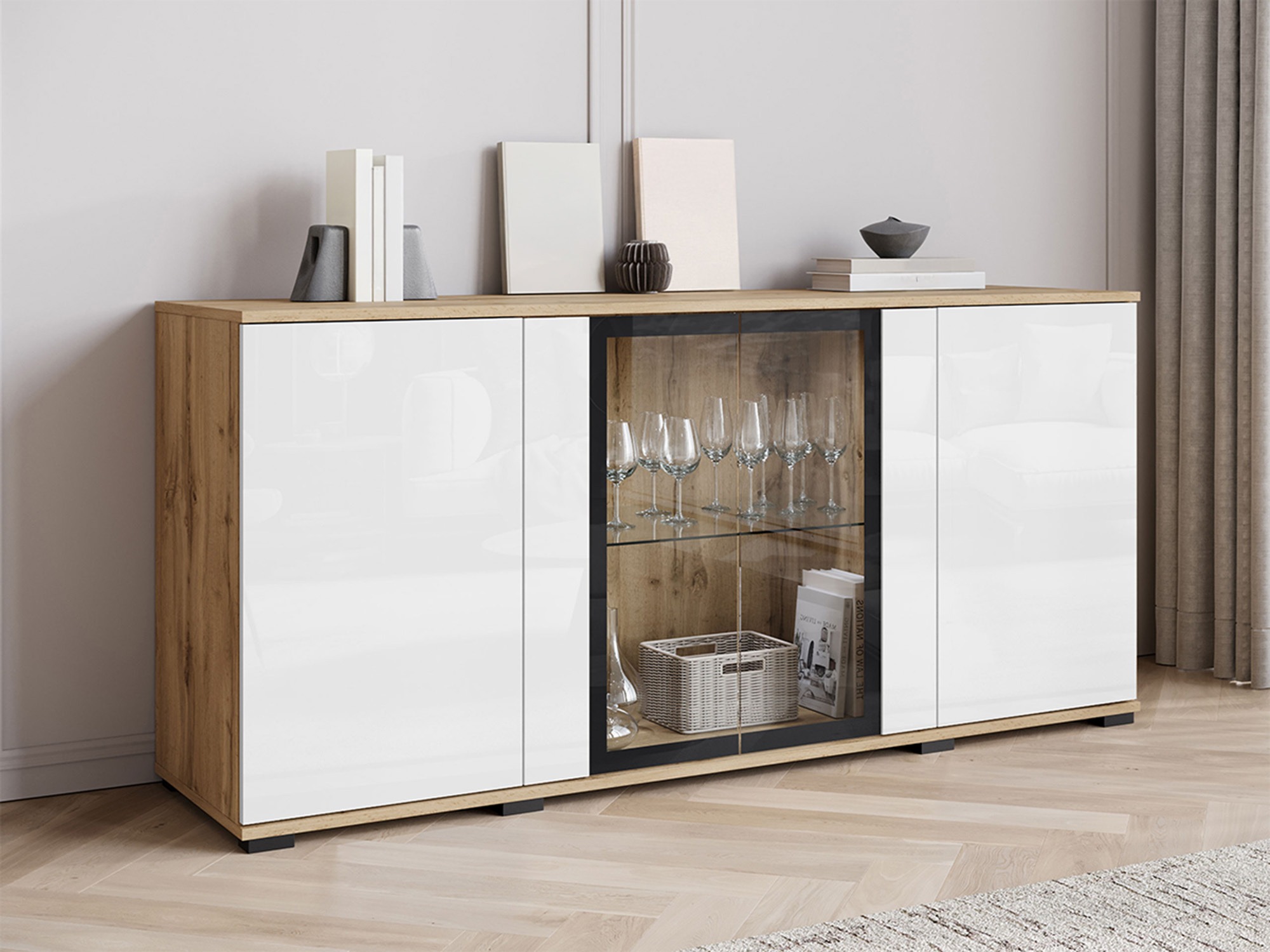 Sideboard Torcame 102 (Wotan Oak + Glossy white)