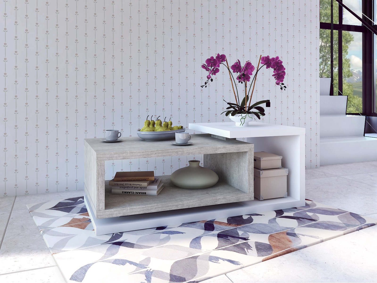 Coffee table Lutiva 104 (White + Concrete)