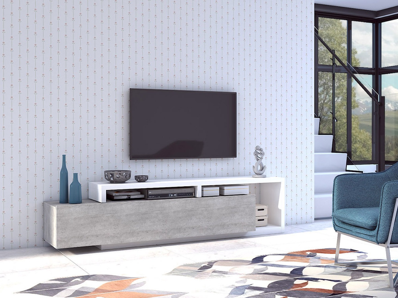 TV stand Lutiva 103 (White + Concrete)