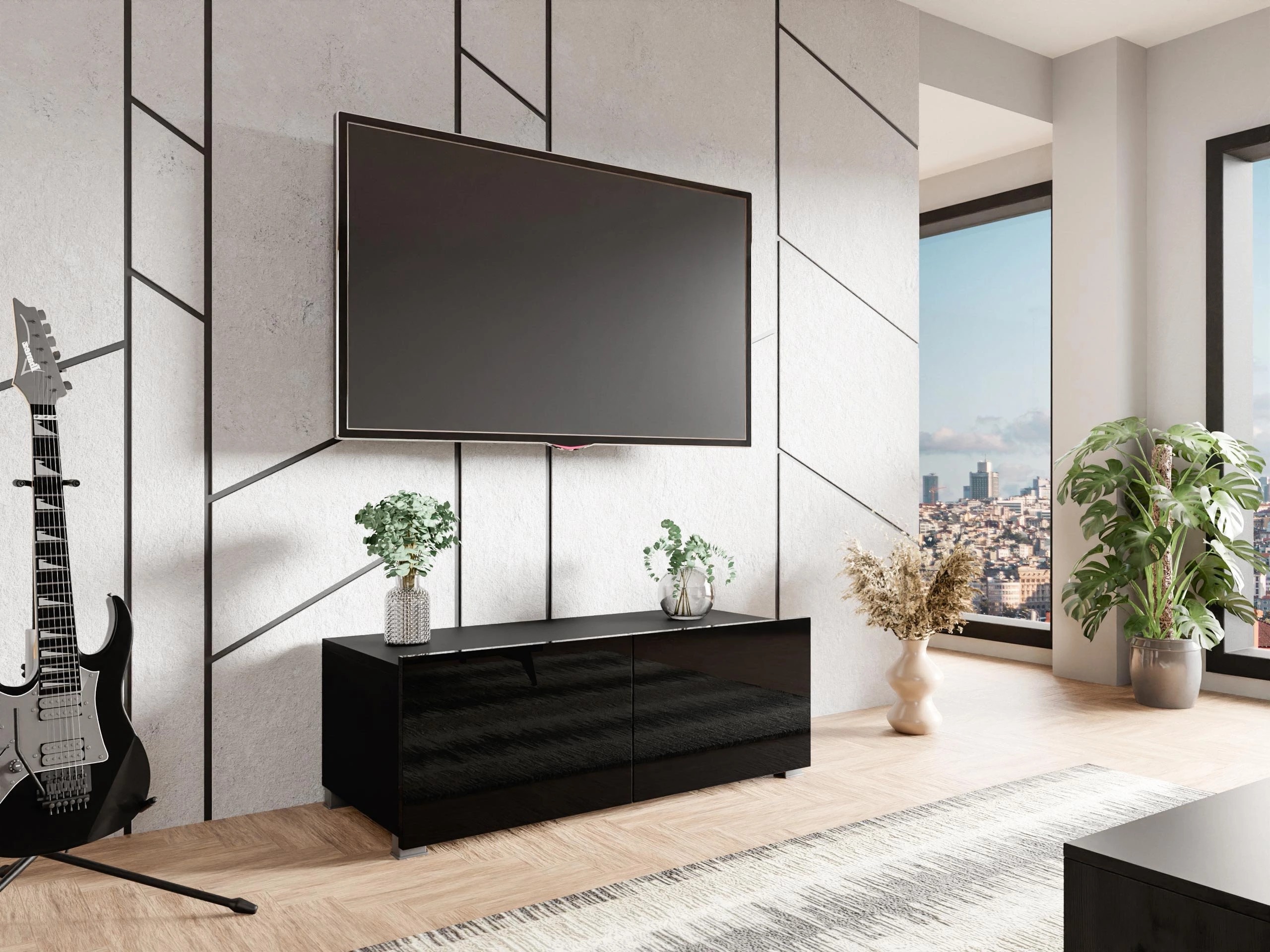 TV stand Remus I (Black + Glossy black)