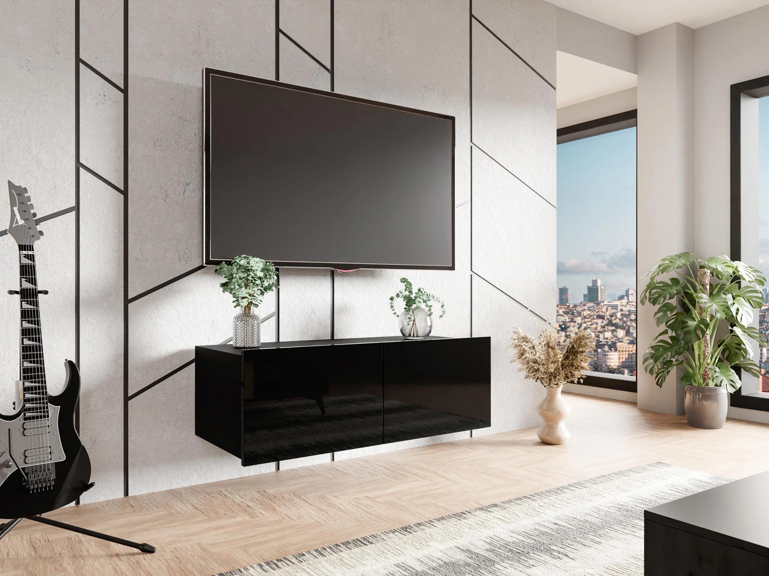 TV stand Remus I (Black + Glossy black)