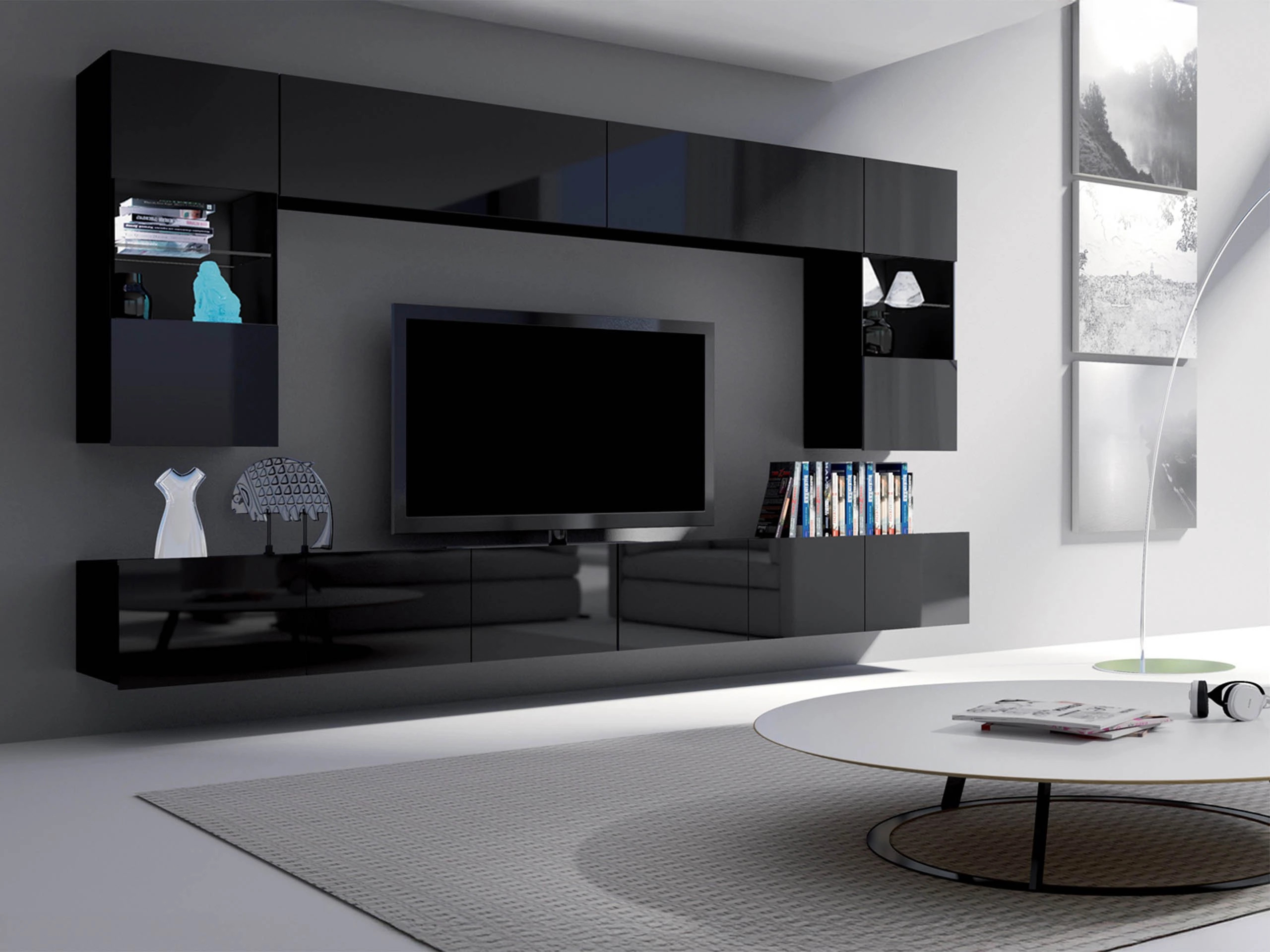 Wall cabinet Remus (Black + Glossy black)