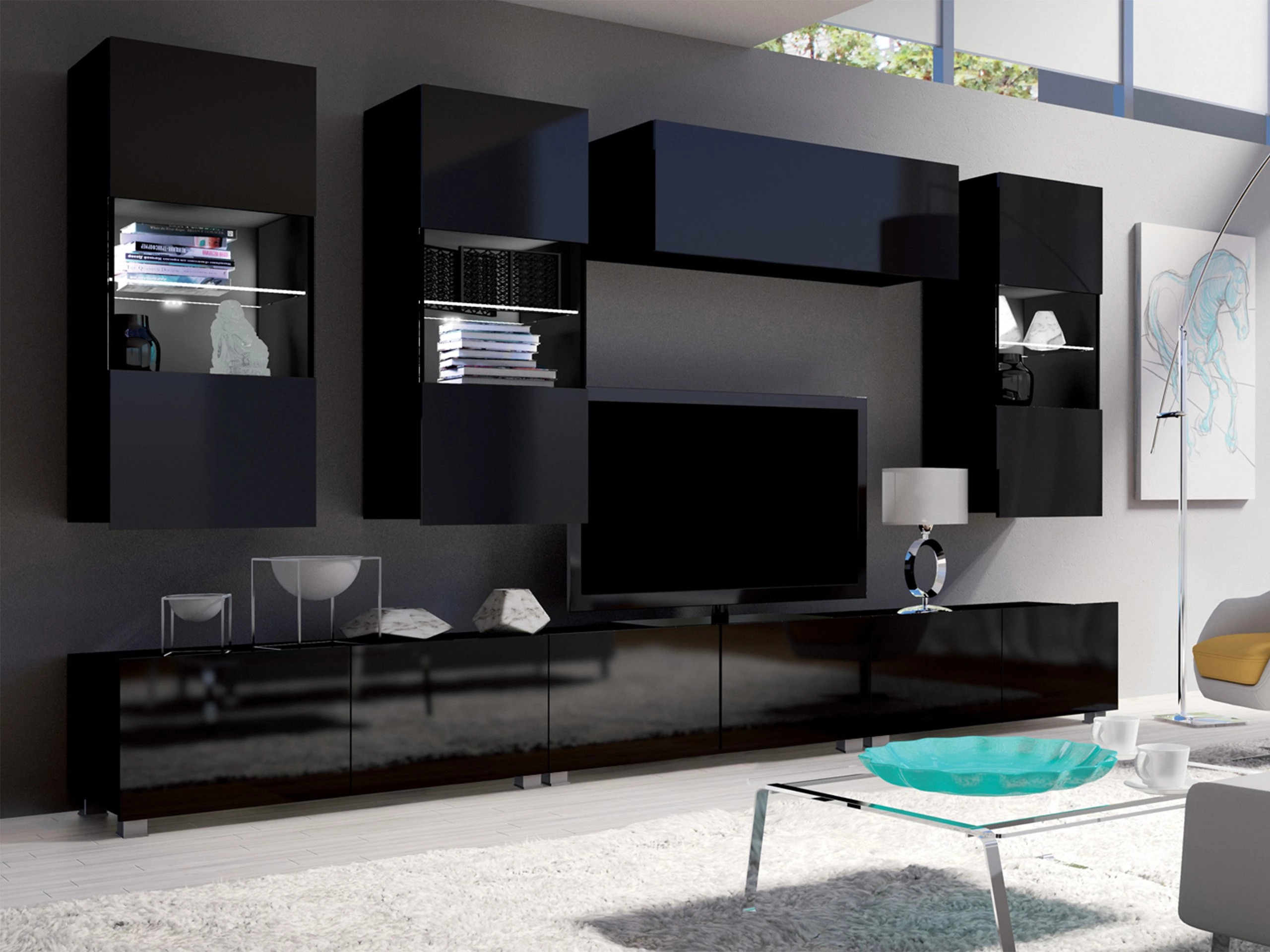 Wall cabinet Remus I (Black + Glossy black)