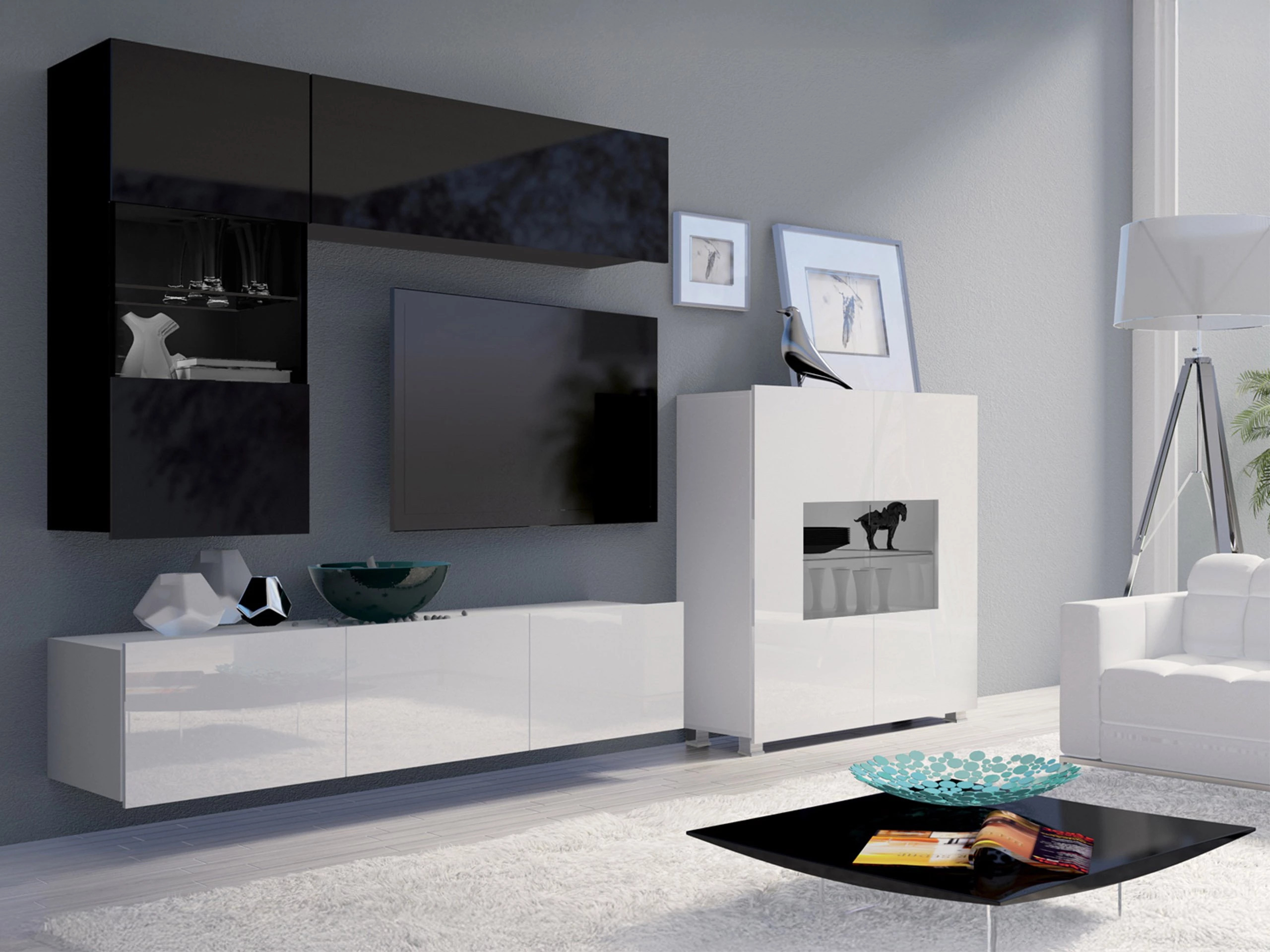 Living room set Remus III (Black + Glossy black + White + Glossy white)