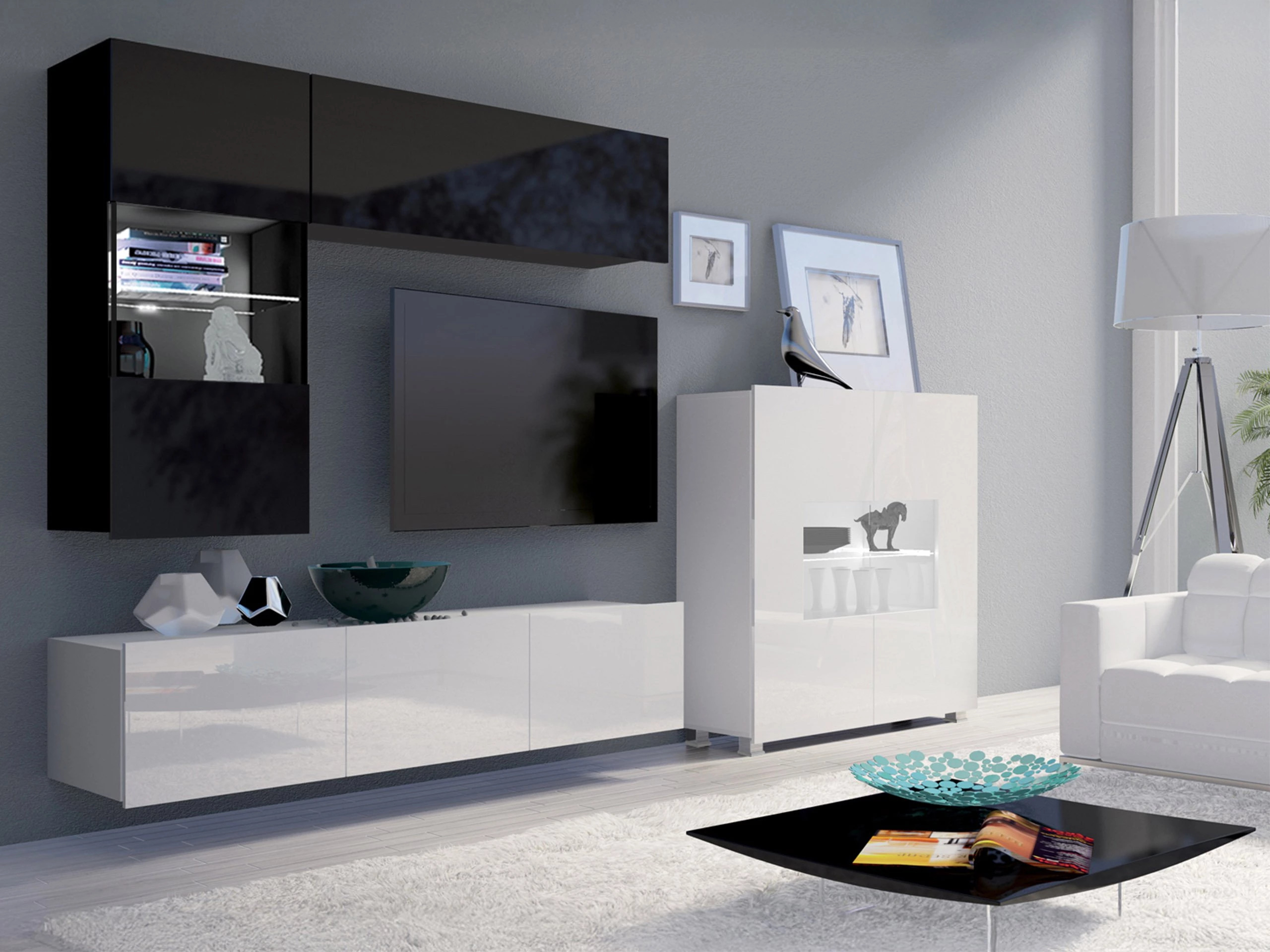 Living room set Remus III (Black + Glossy black + White + Glossy white)