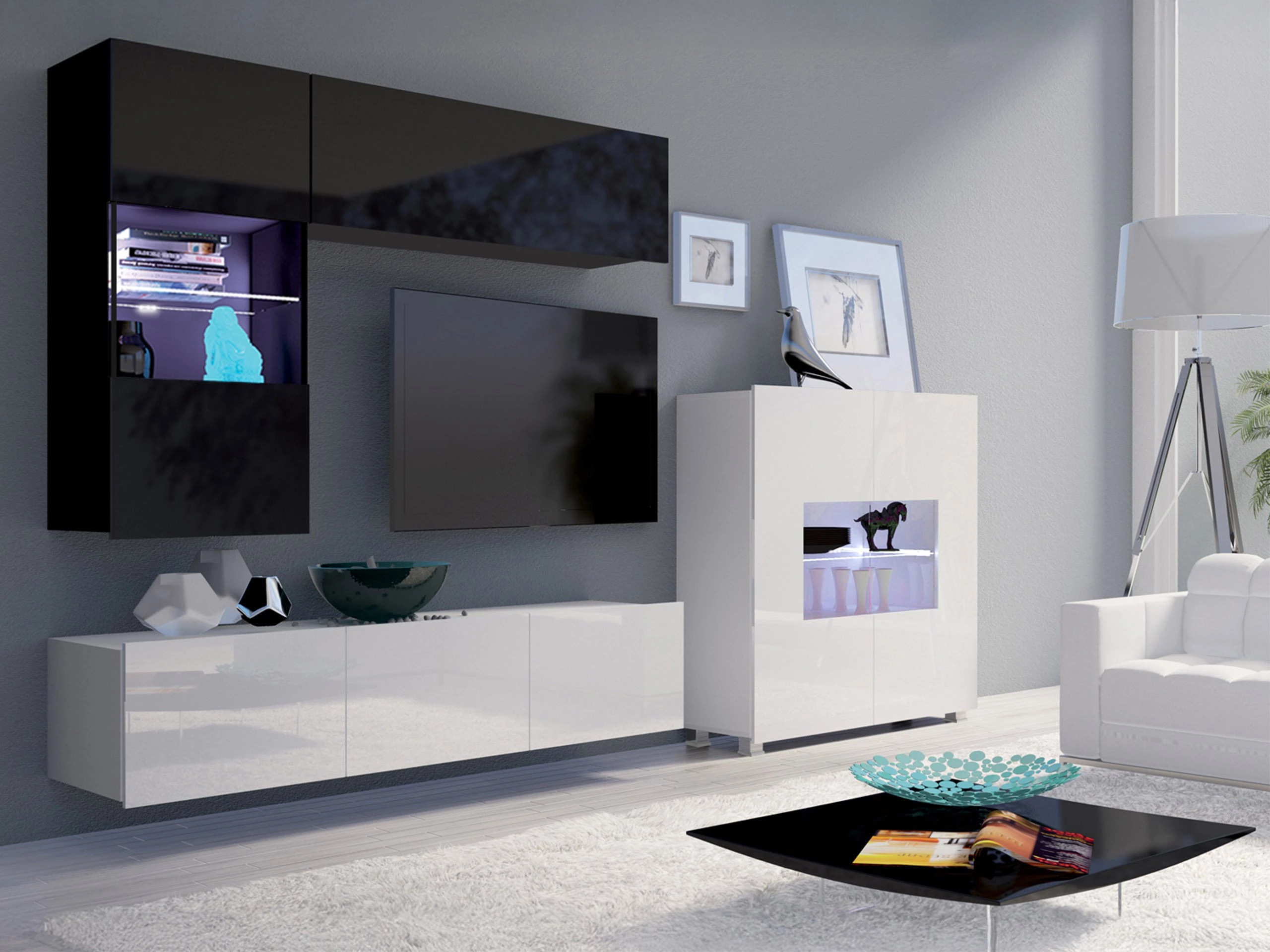 Living room set Remus III (Black + Glossy black + White + Glossy white)