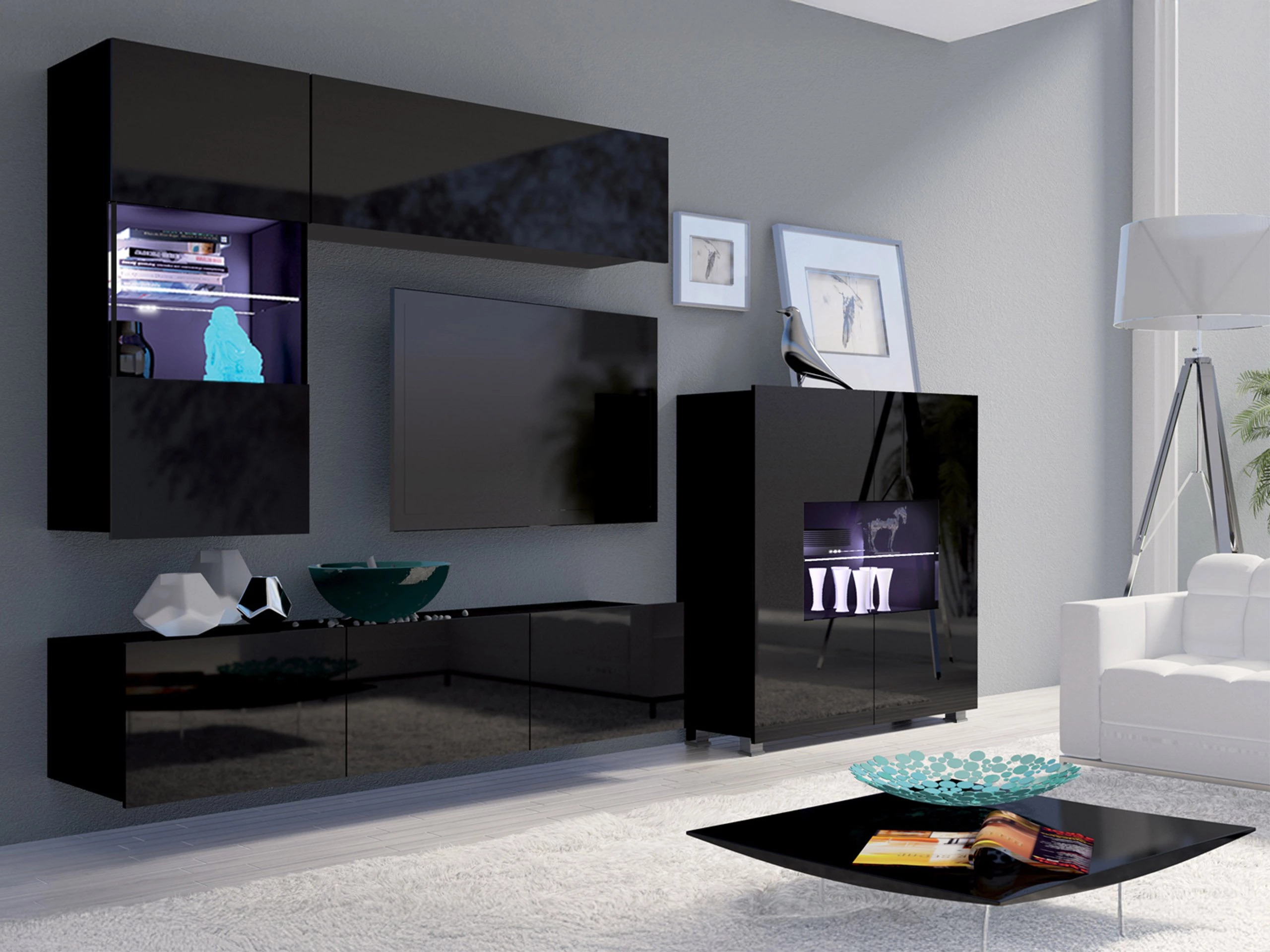 Living room set Remus III (Black + Glossy black)