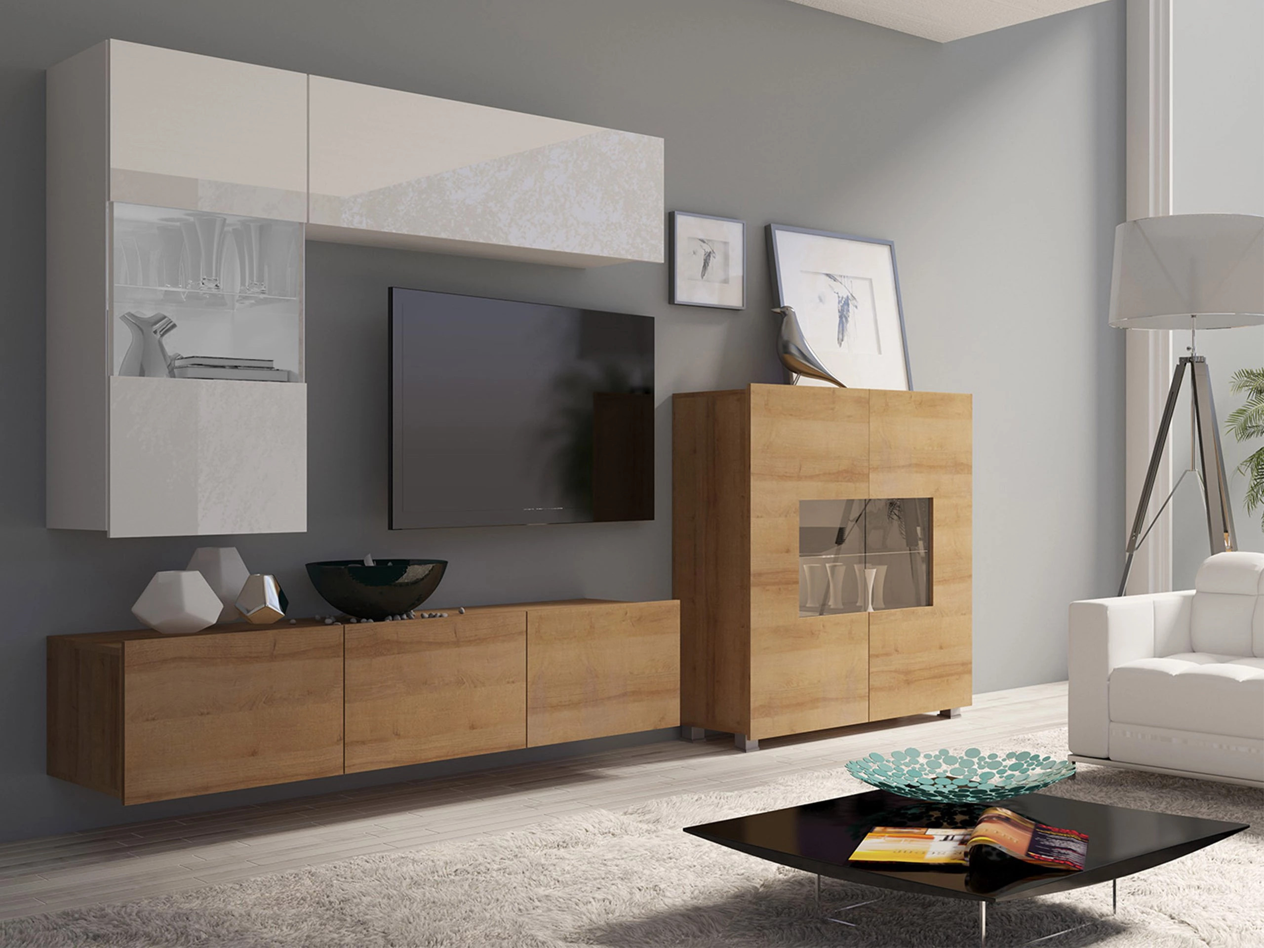 Living room set Remus III (Golden oak + White + Glossy white)