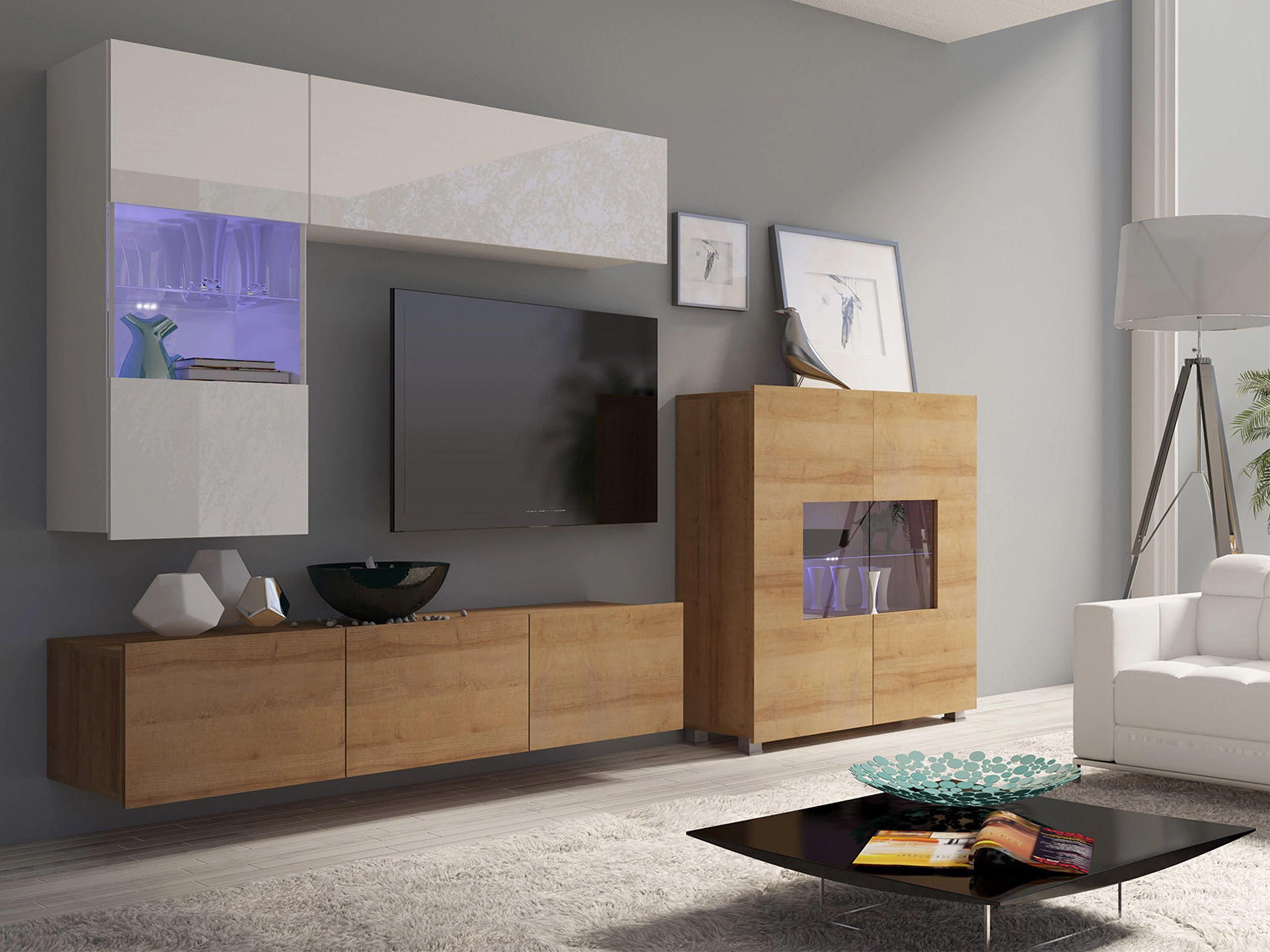 Living room set Remus III (Golden oak + White + Glossy white)