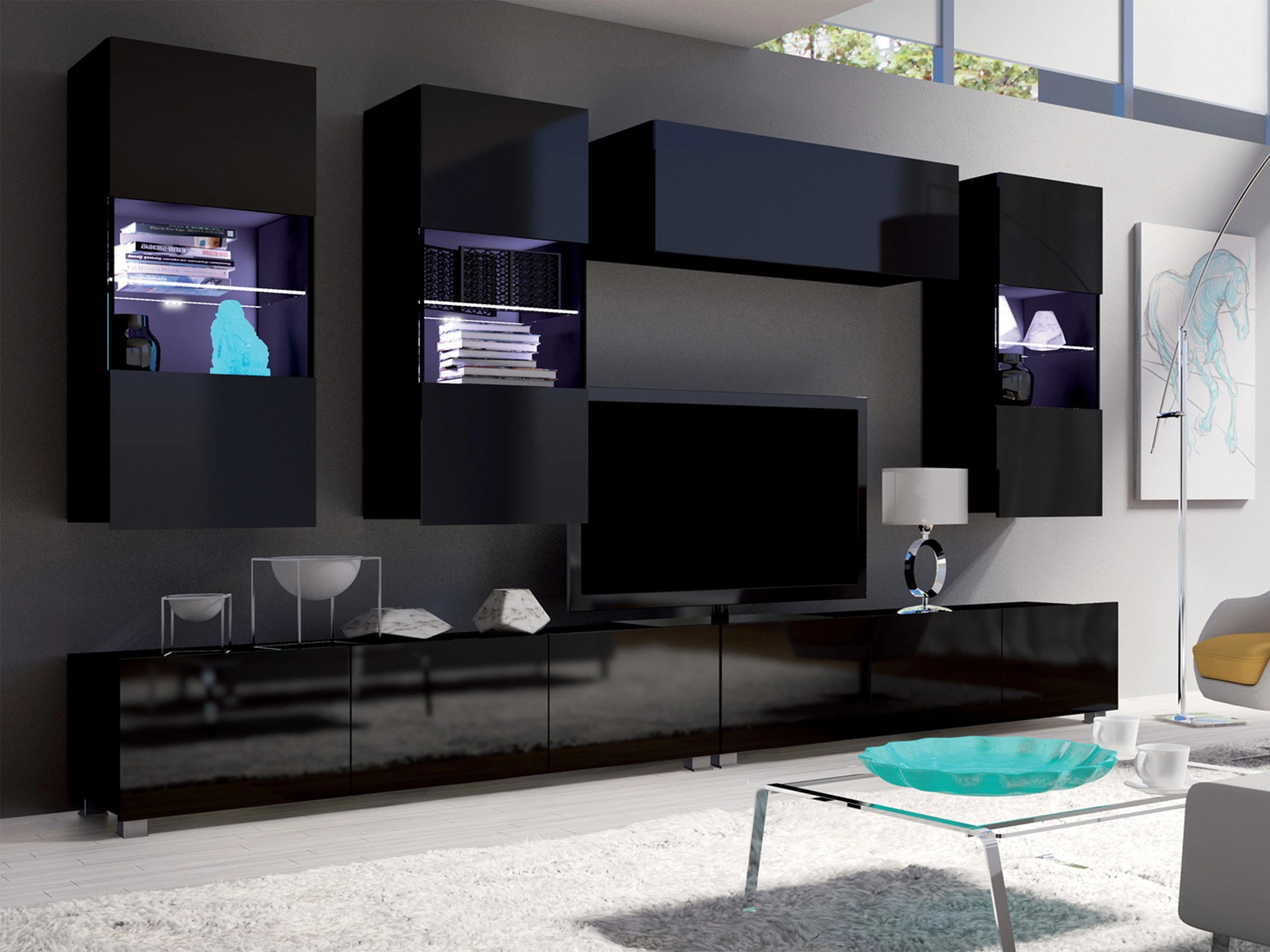 Living room set Remus V (Black + Glossy black)
