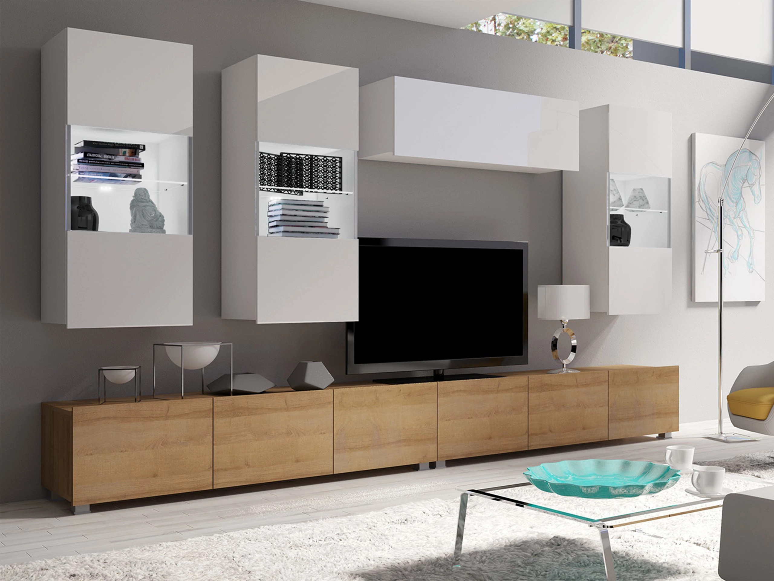 Living room set Remus V (Golden oak + White + Glossy white)