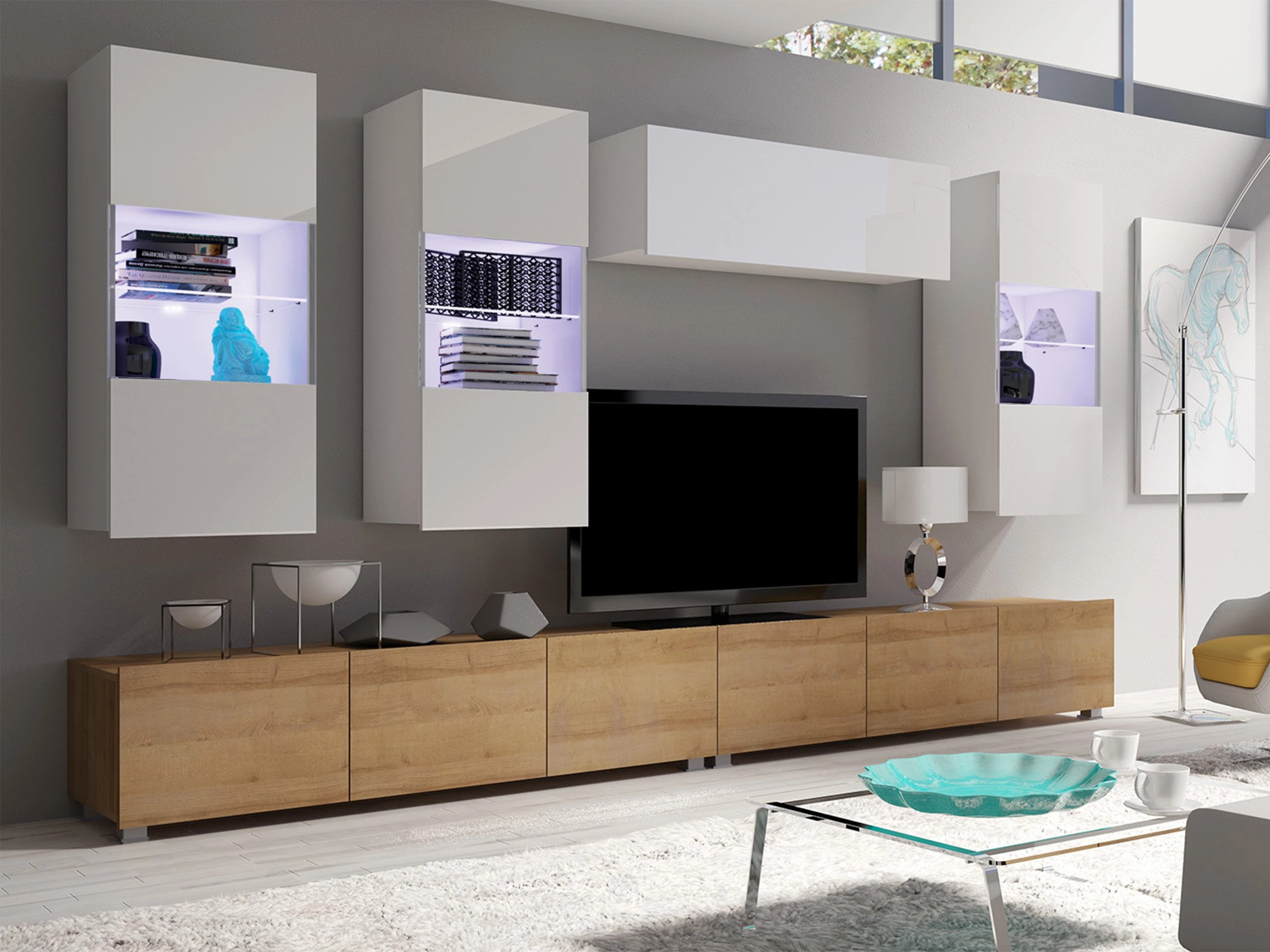 Living room set Remus V (Golden oak + White + Glossy white)