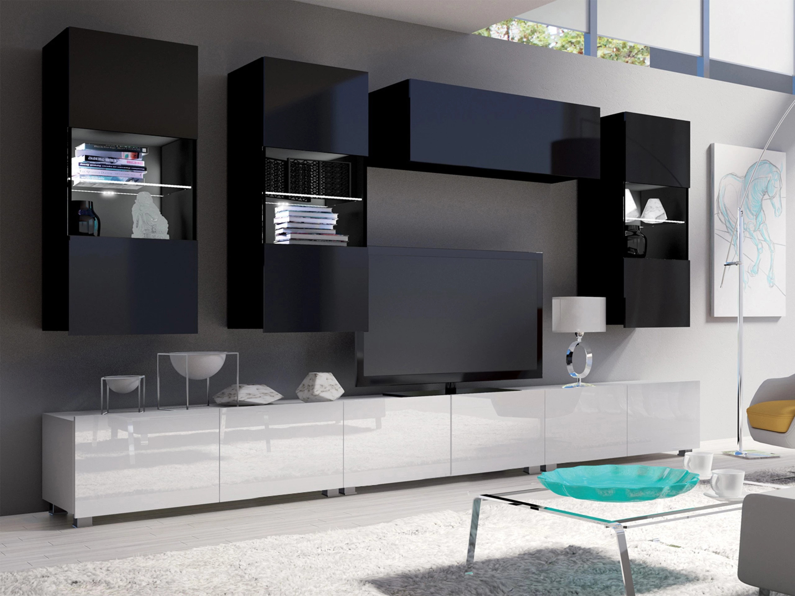 Living room set Remus XI (White + Glossy white + Black + Glossy black)