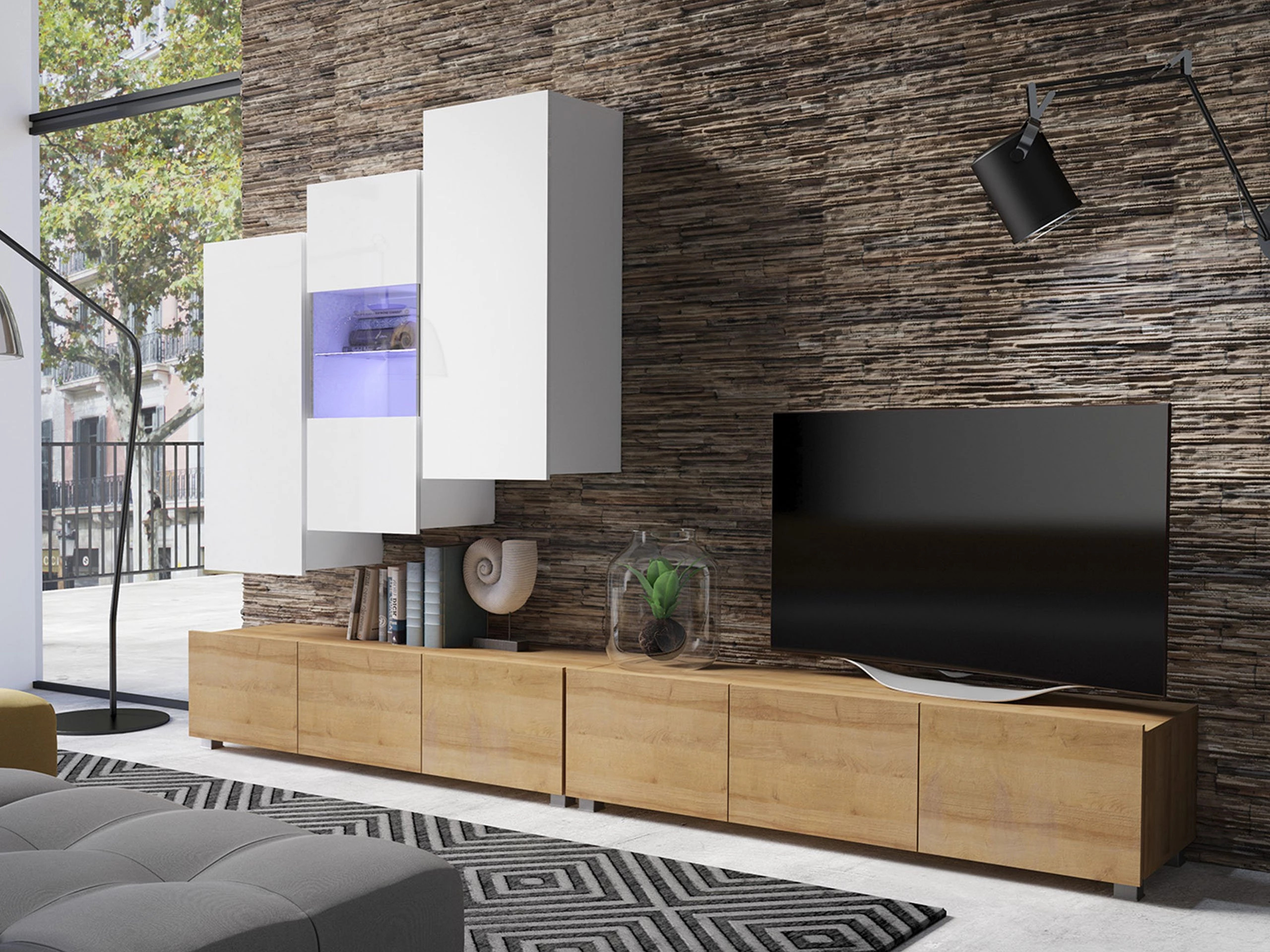 Living room set Remus XVII (Golden oak + White + Glossy white)
