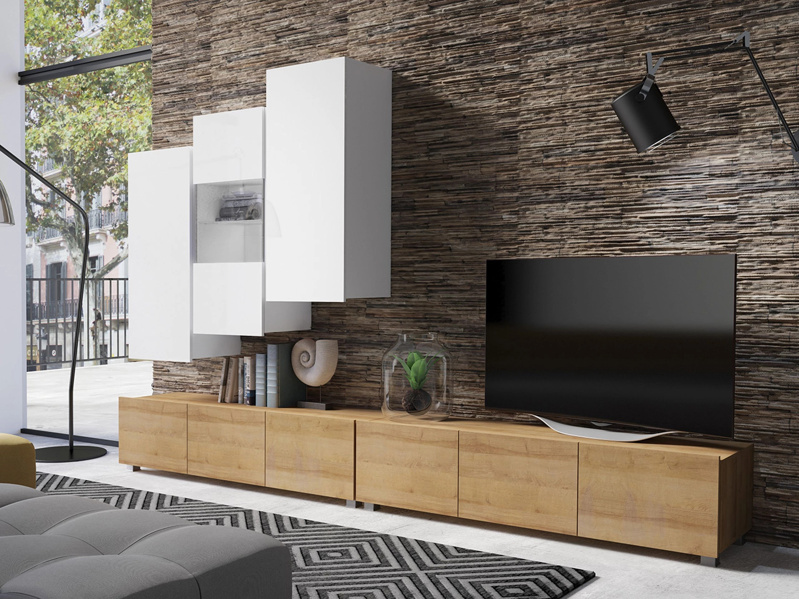 Living room set Remus XVII (Golden oak + White + Glossy white)
