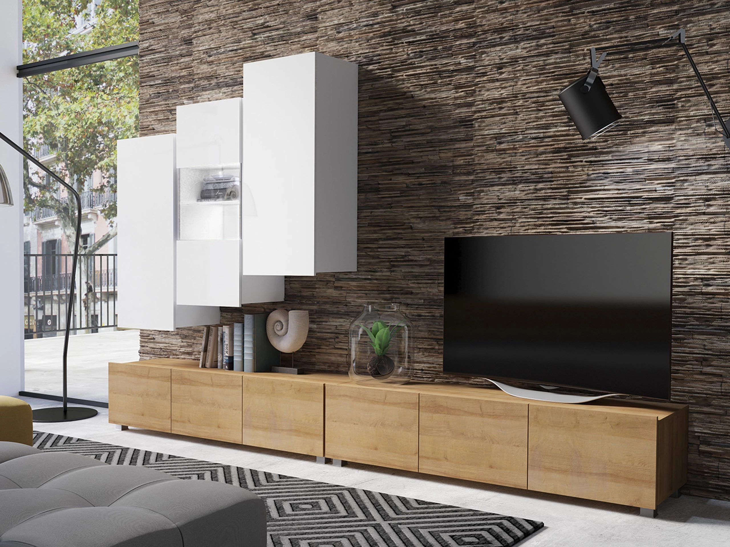 Living room set Remus XVII (Golden oak + White + Glossy white)
