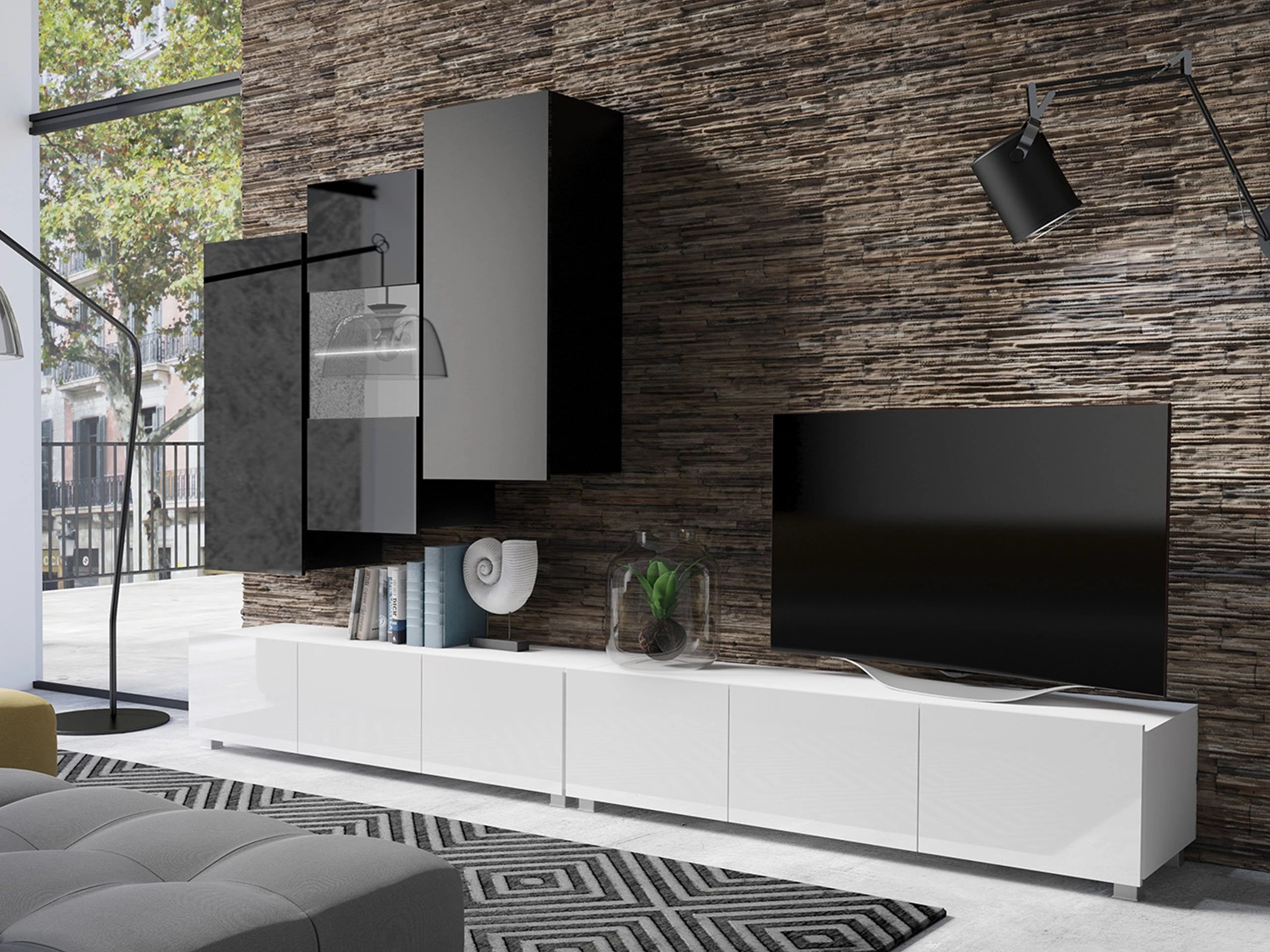 Living room set Remus XVII (White + Glossy white + Black + Glossy black)