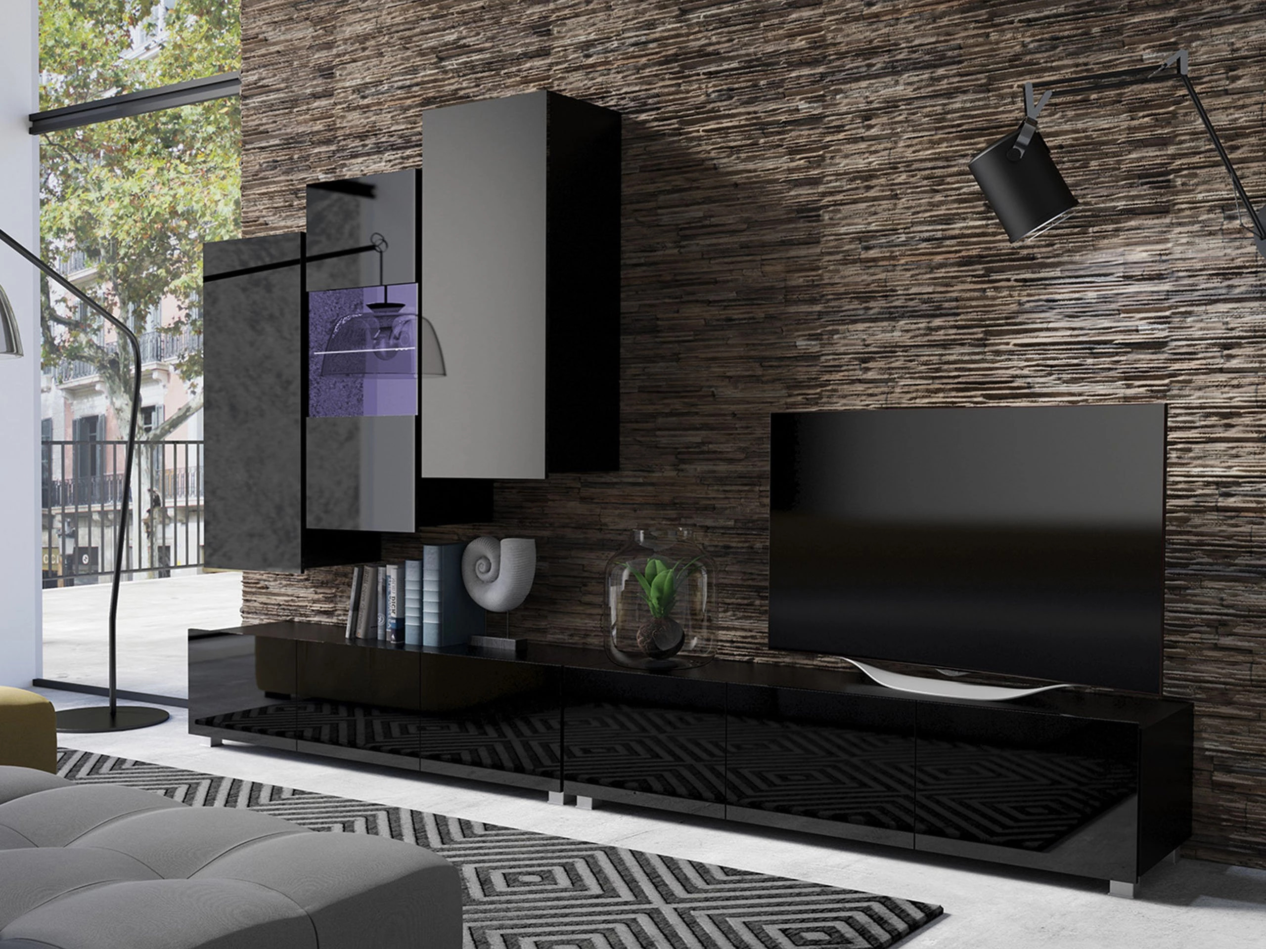 Living room set Tivdalu 133 (Black + Glossy black)