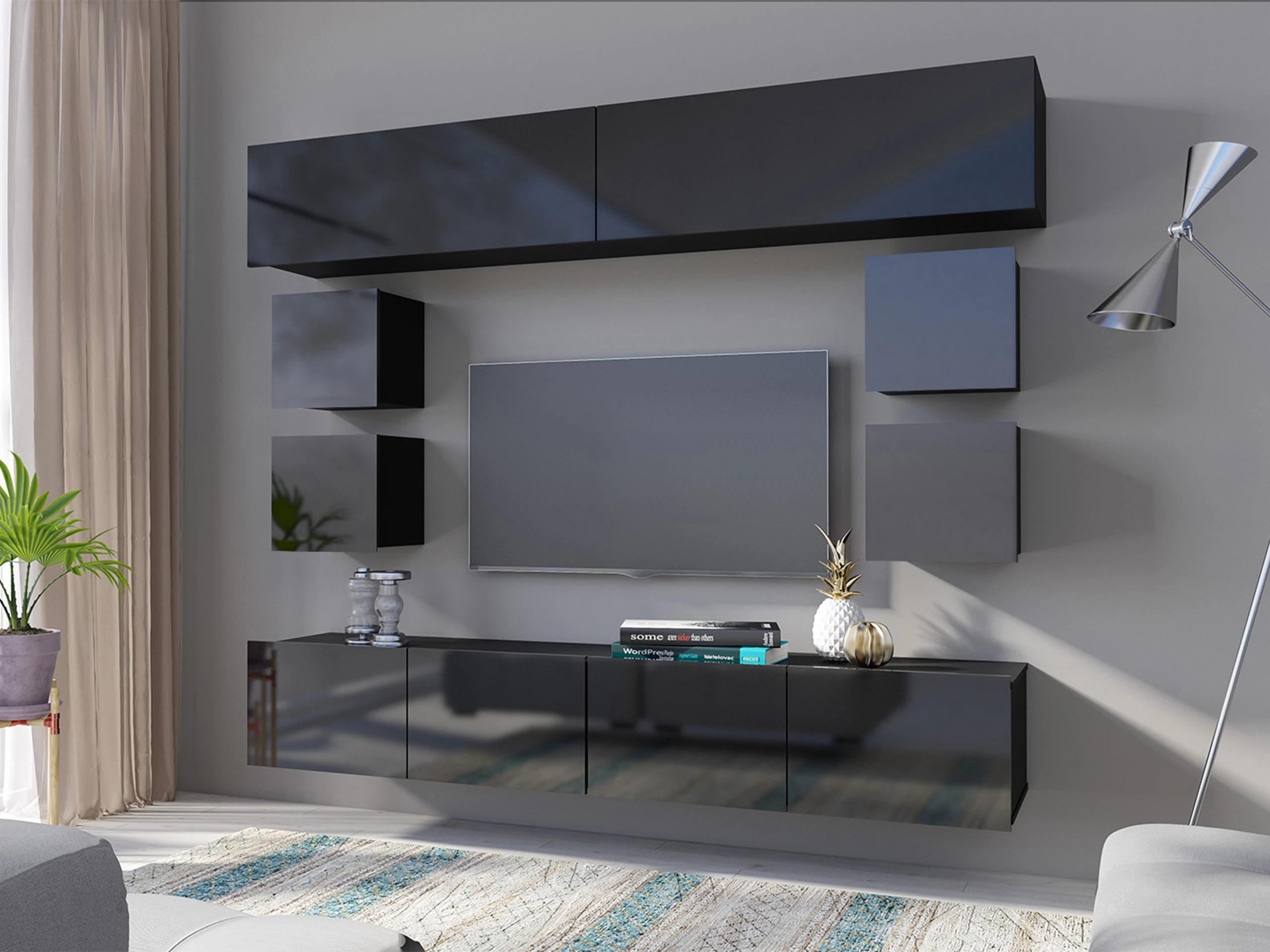 Wall cabinet Remus II (Black + Glossy black)