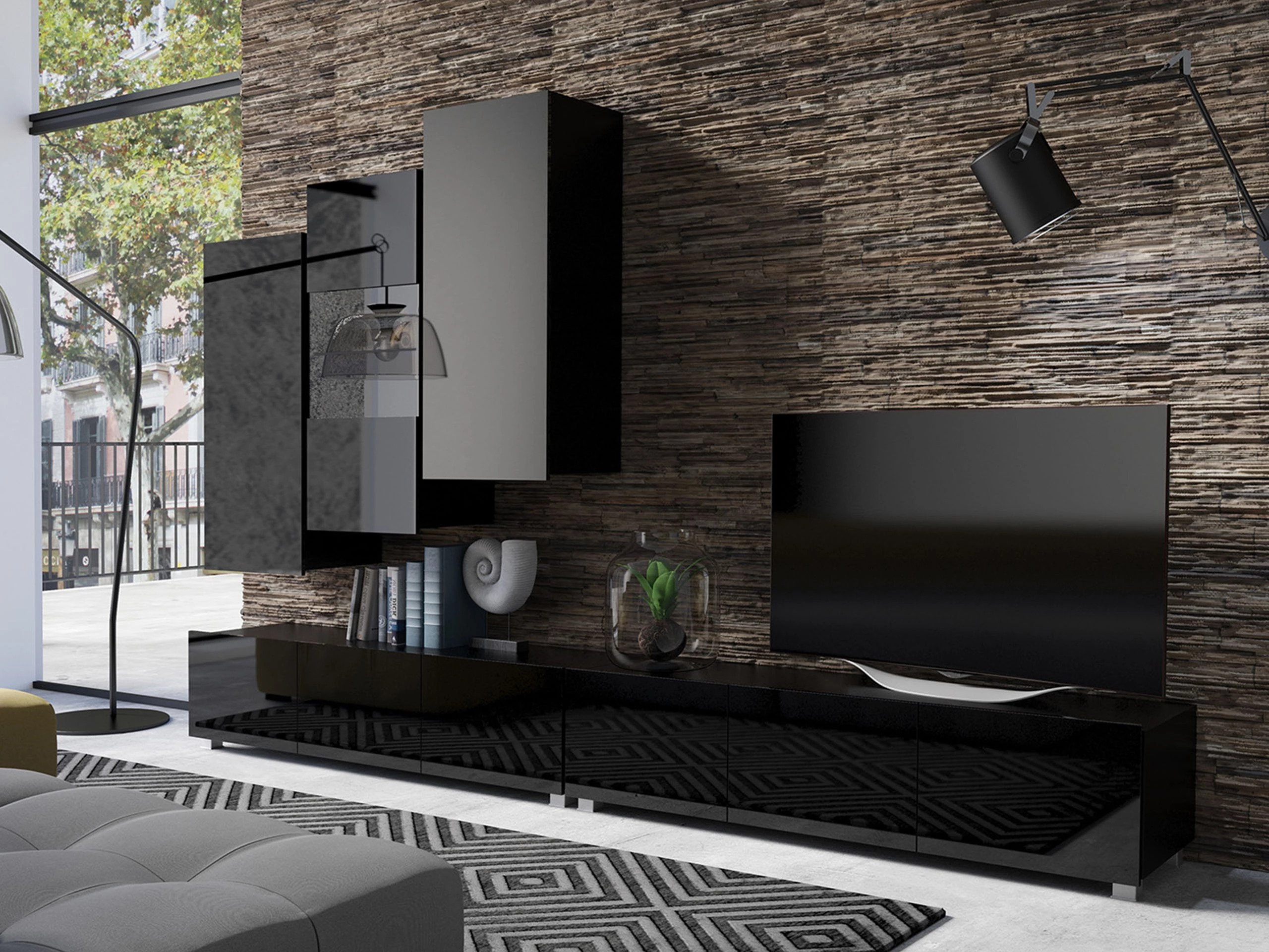 Wall cabinet Tivdalu 126 (Black + Glossy black)