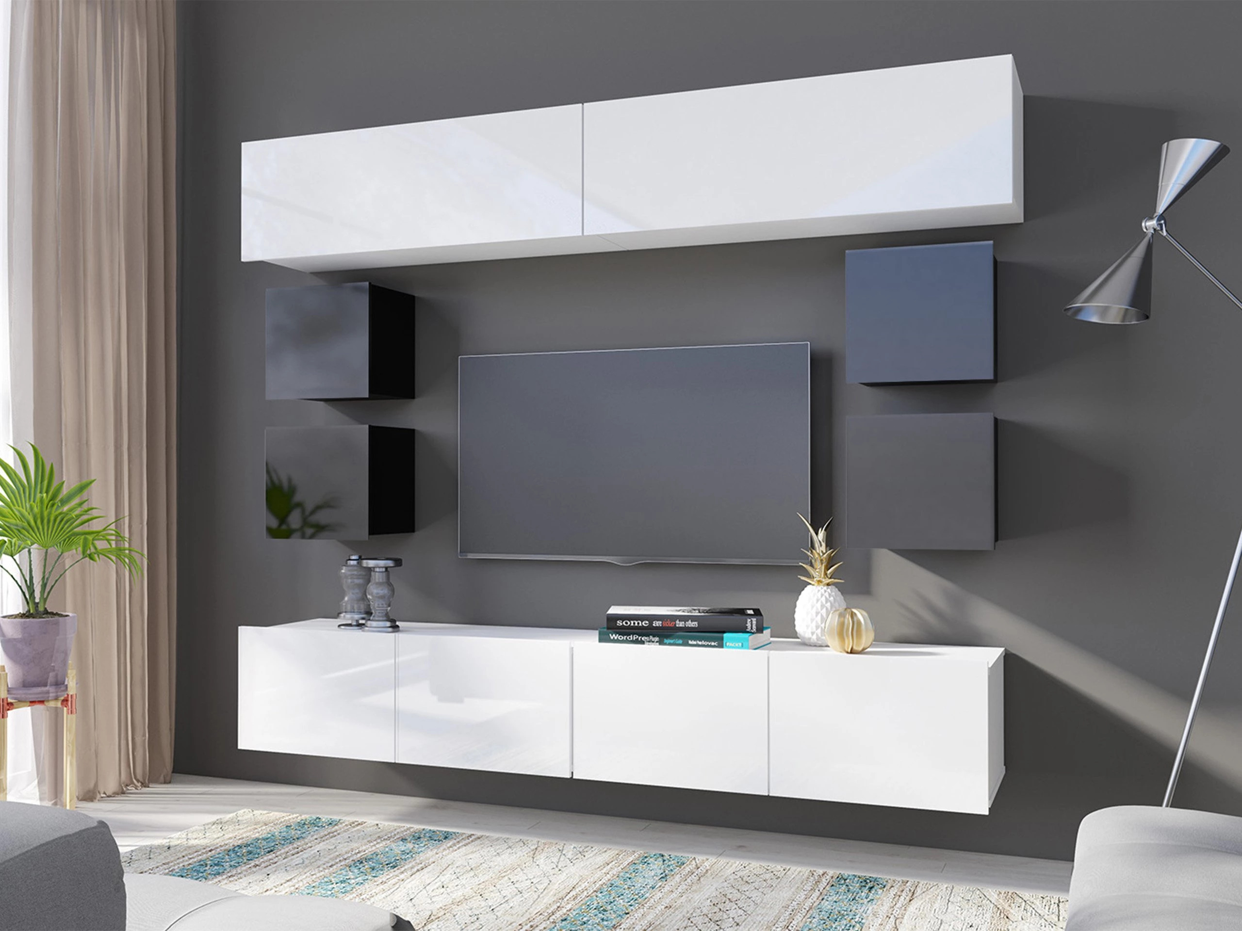 Living room set Remus XVI (Black + Glossy black + White + Glossy white)