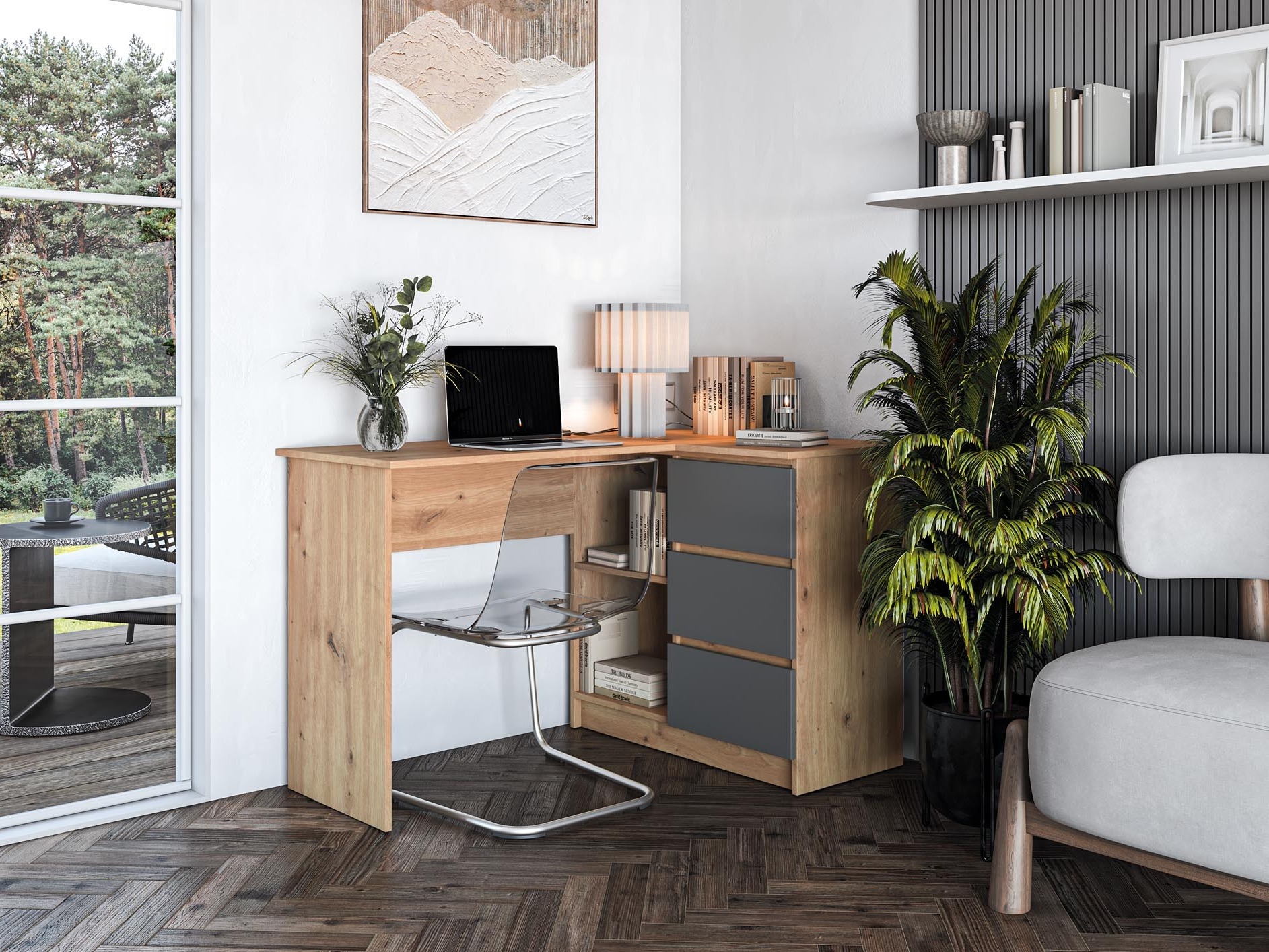 Corner desk Houston 1950 (Graphite + Artisan oak)