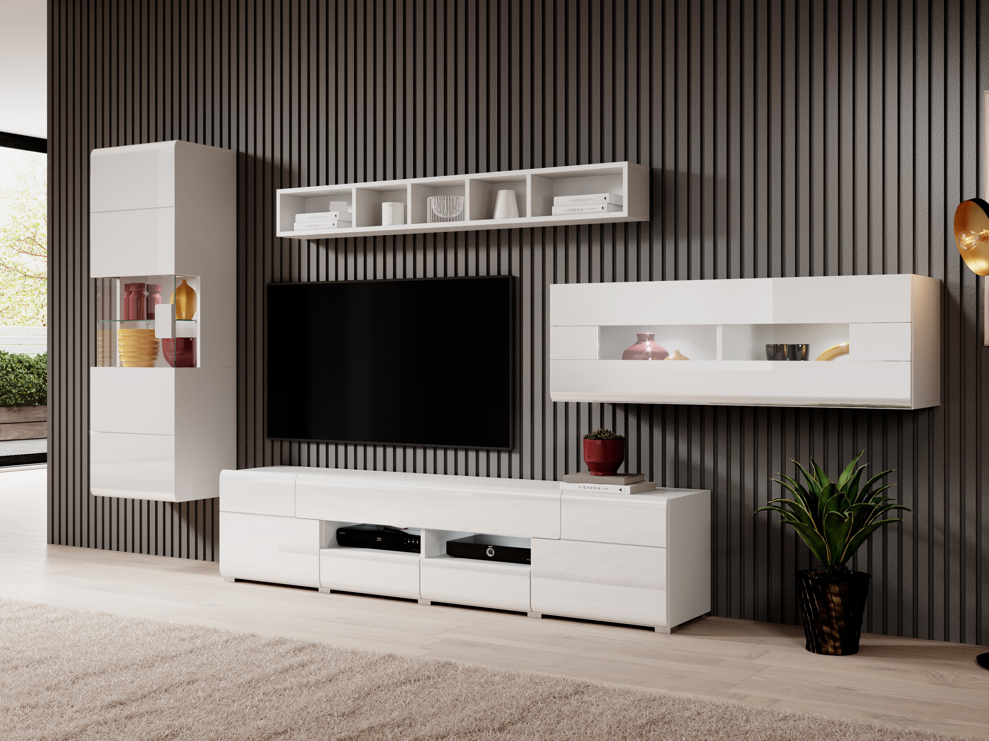 Wall cabinet Torsone 116 (White + Glossy white + San Remo oak)