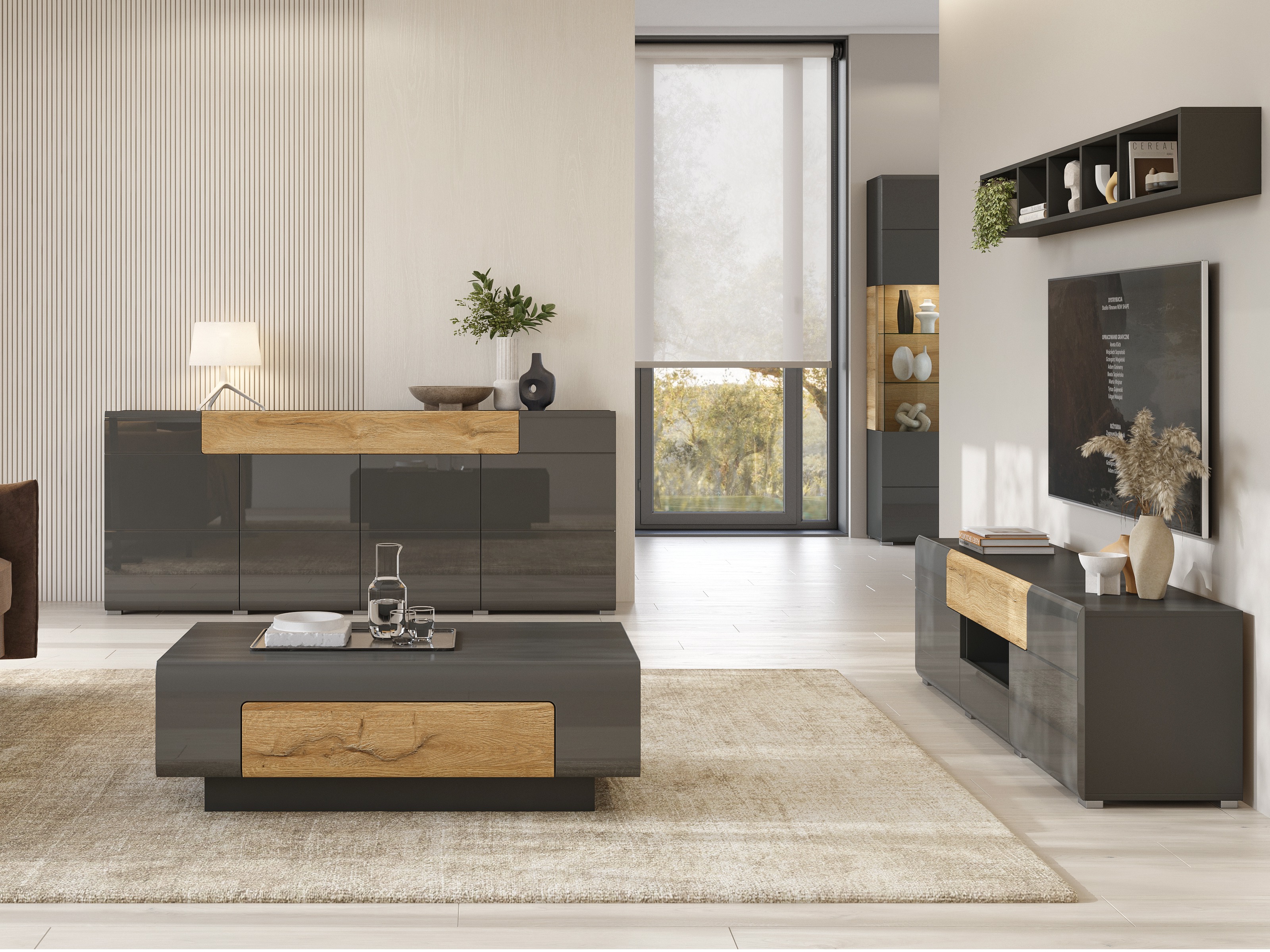 TV stand Torsone 101 (Anthracite + Gloss anthracite + Grandson oak)