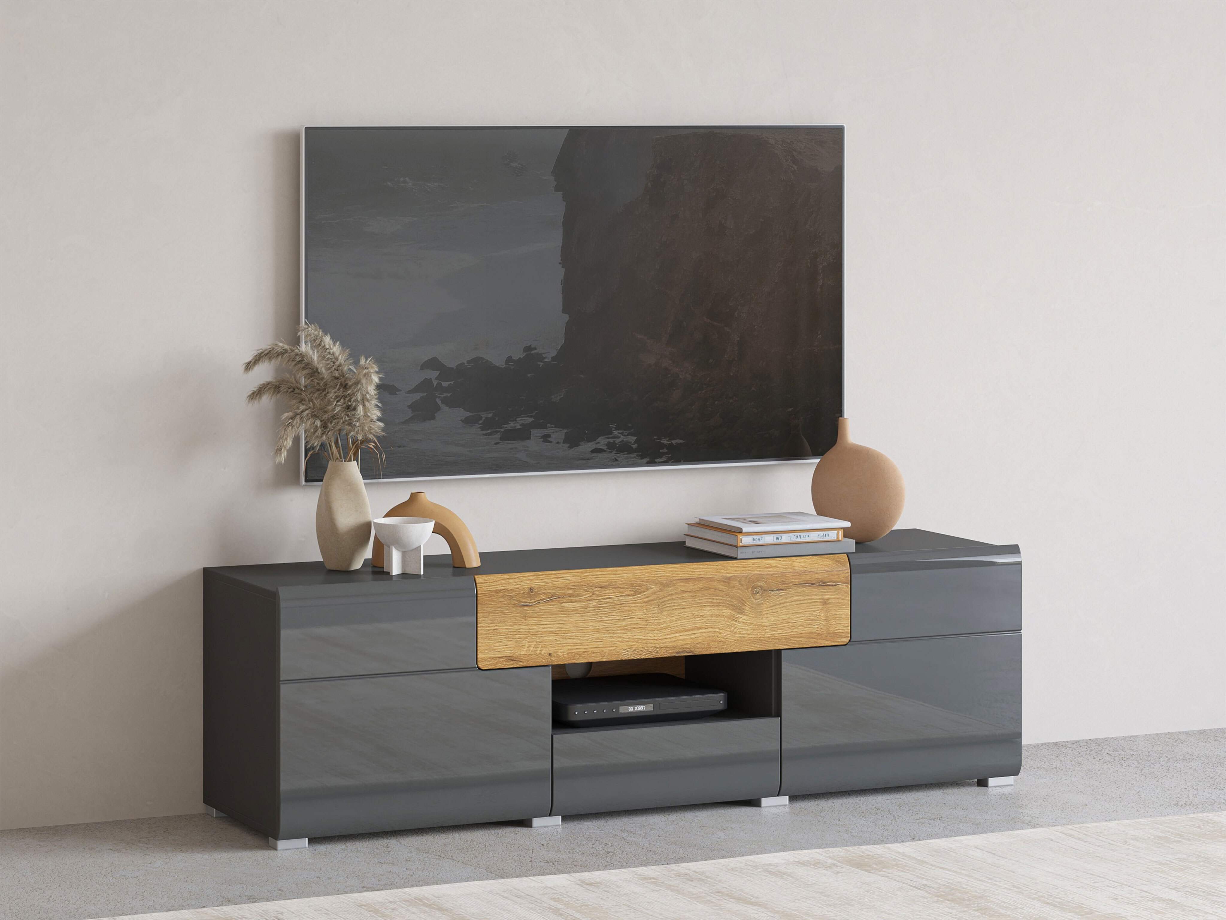 TV stand Torsone 101 (Anthracite + Gloss anthracite + Grandson oak)