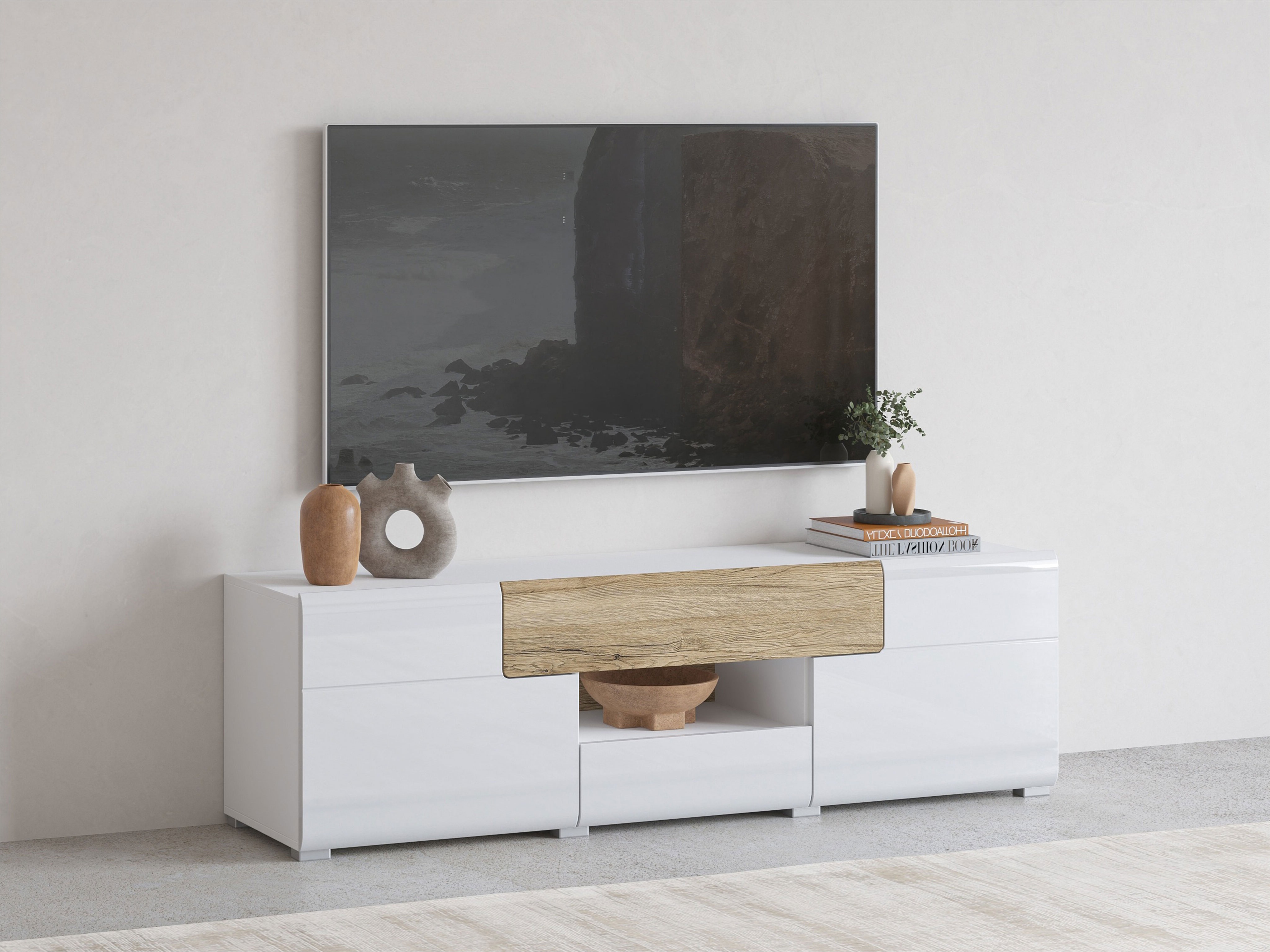 TV stand Torsone 101 (White + Glossy white + San Remo oak)