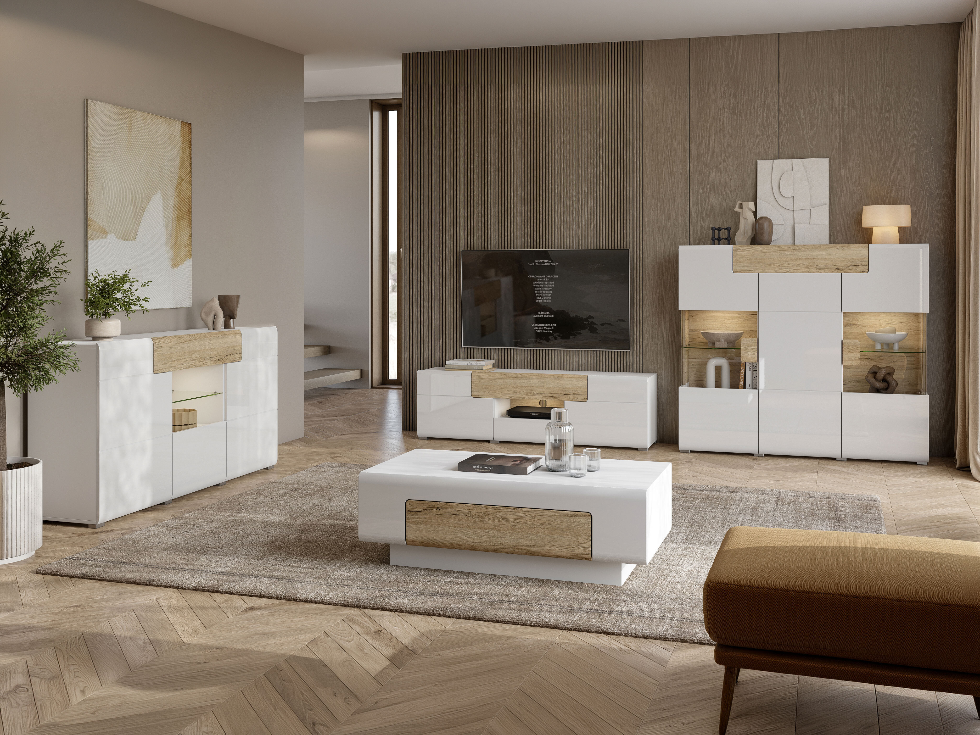 TV stand Torsone 101 (White + Glossy white + San Remo oak)