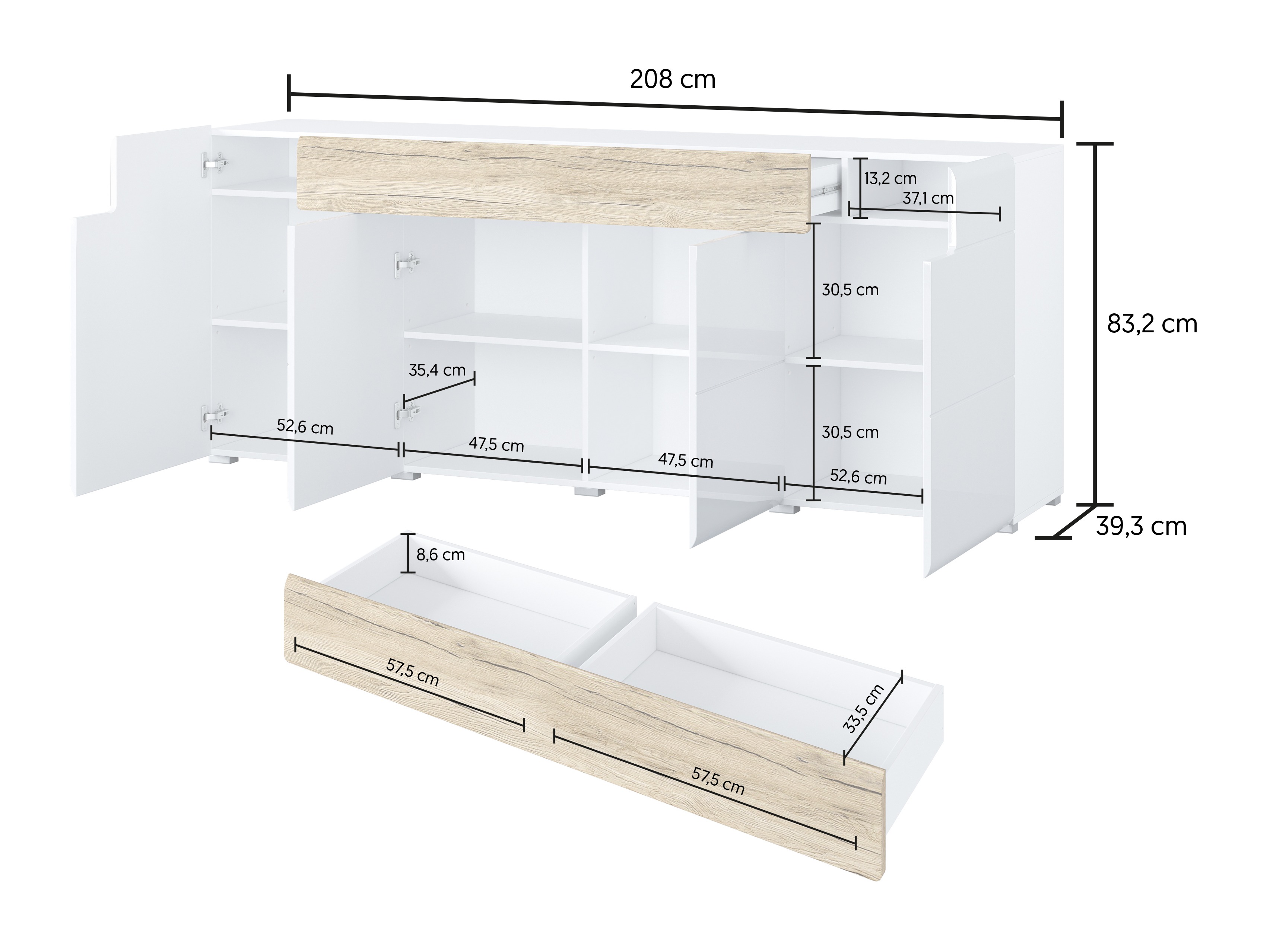 Chest of drawers Torsone 102 (White + Glossy white + San Remo oak)