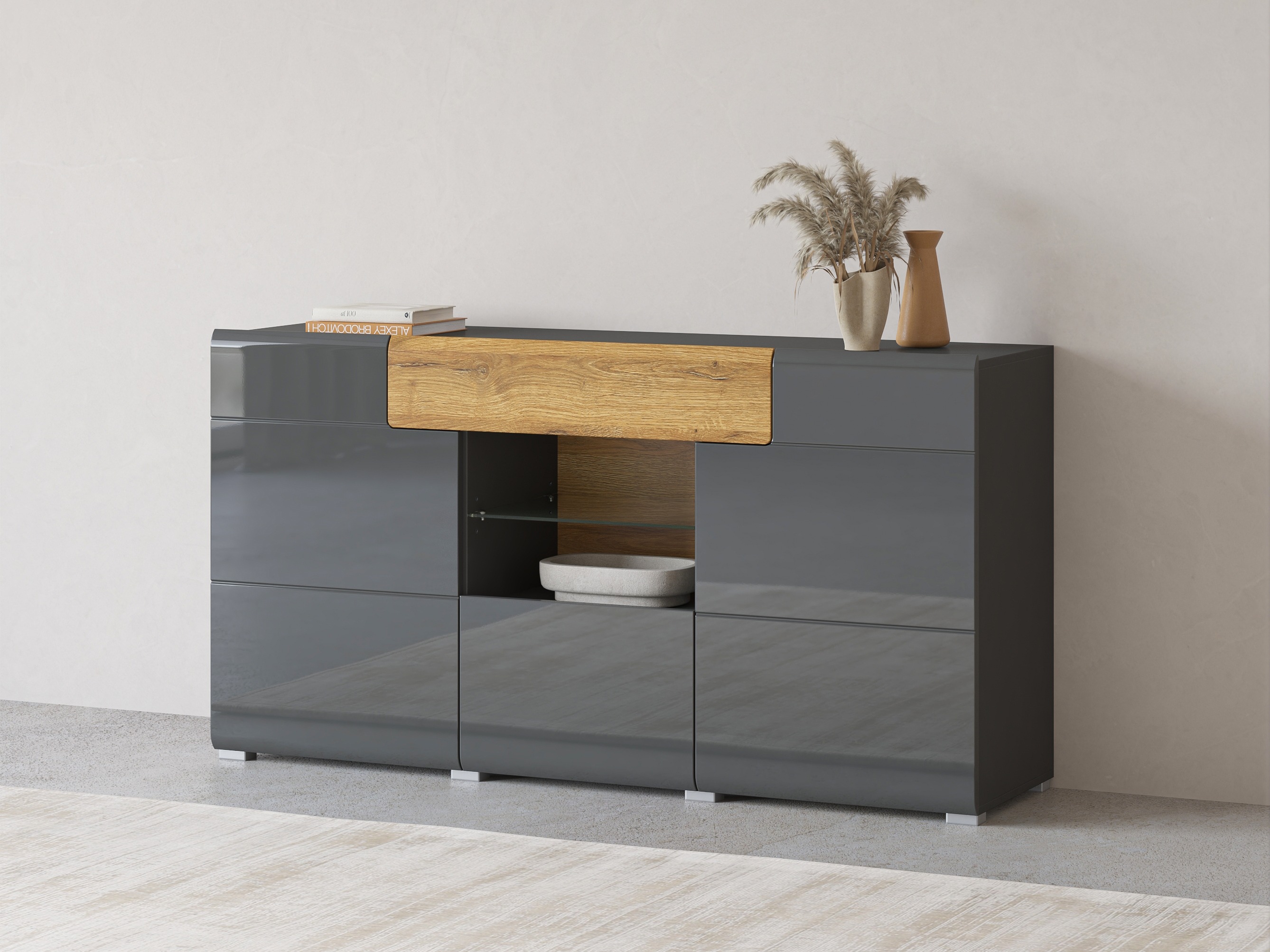 Chest of drawers Torsone 108 (Anthracite + Gloss anthracite + Grandson oak)