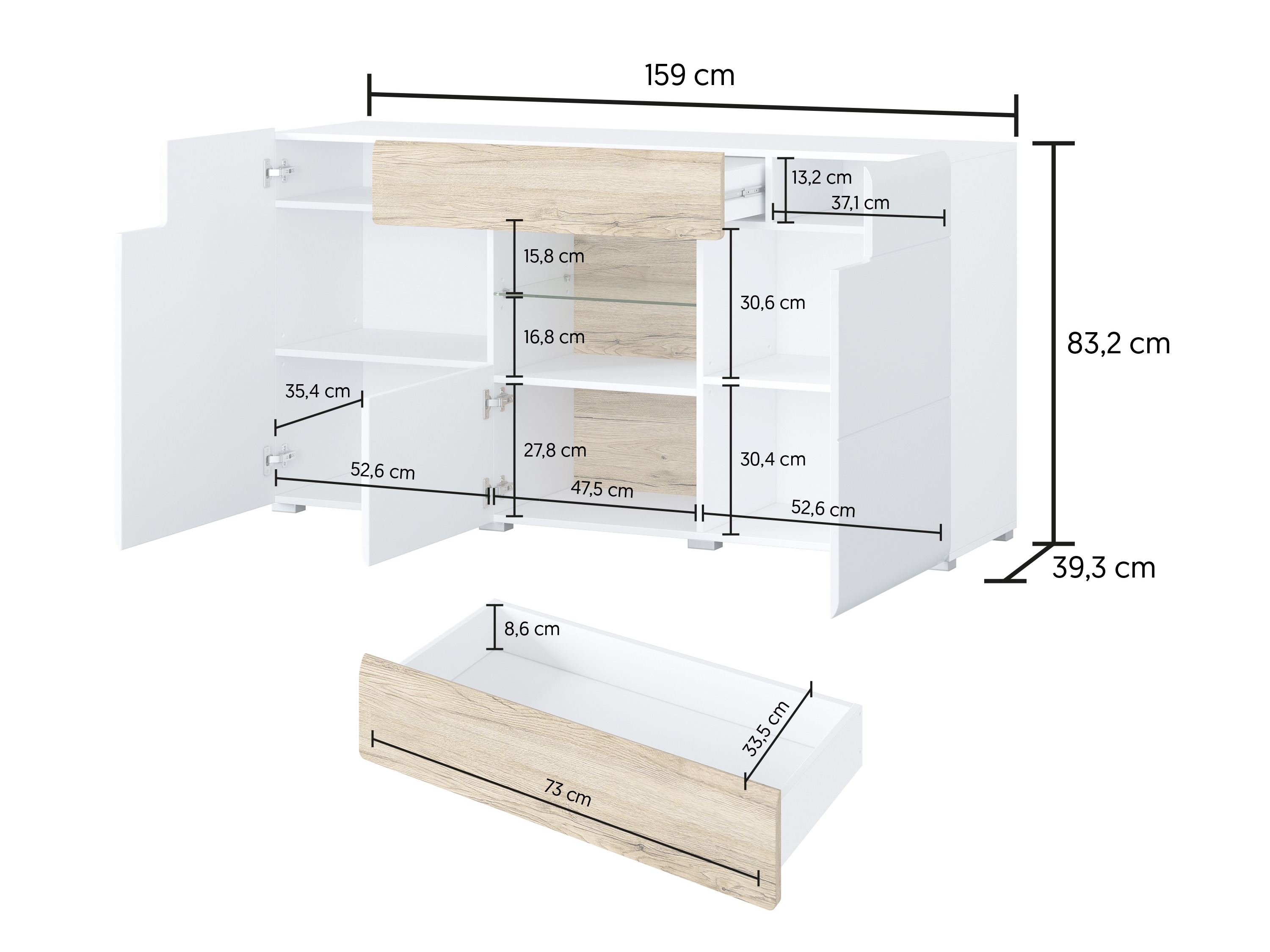 Chest of drawers Torsone 108 (White + Glossy white + San Remo oak)