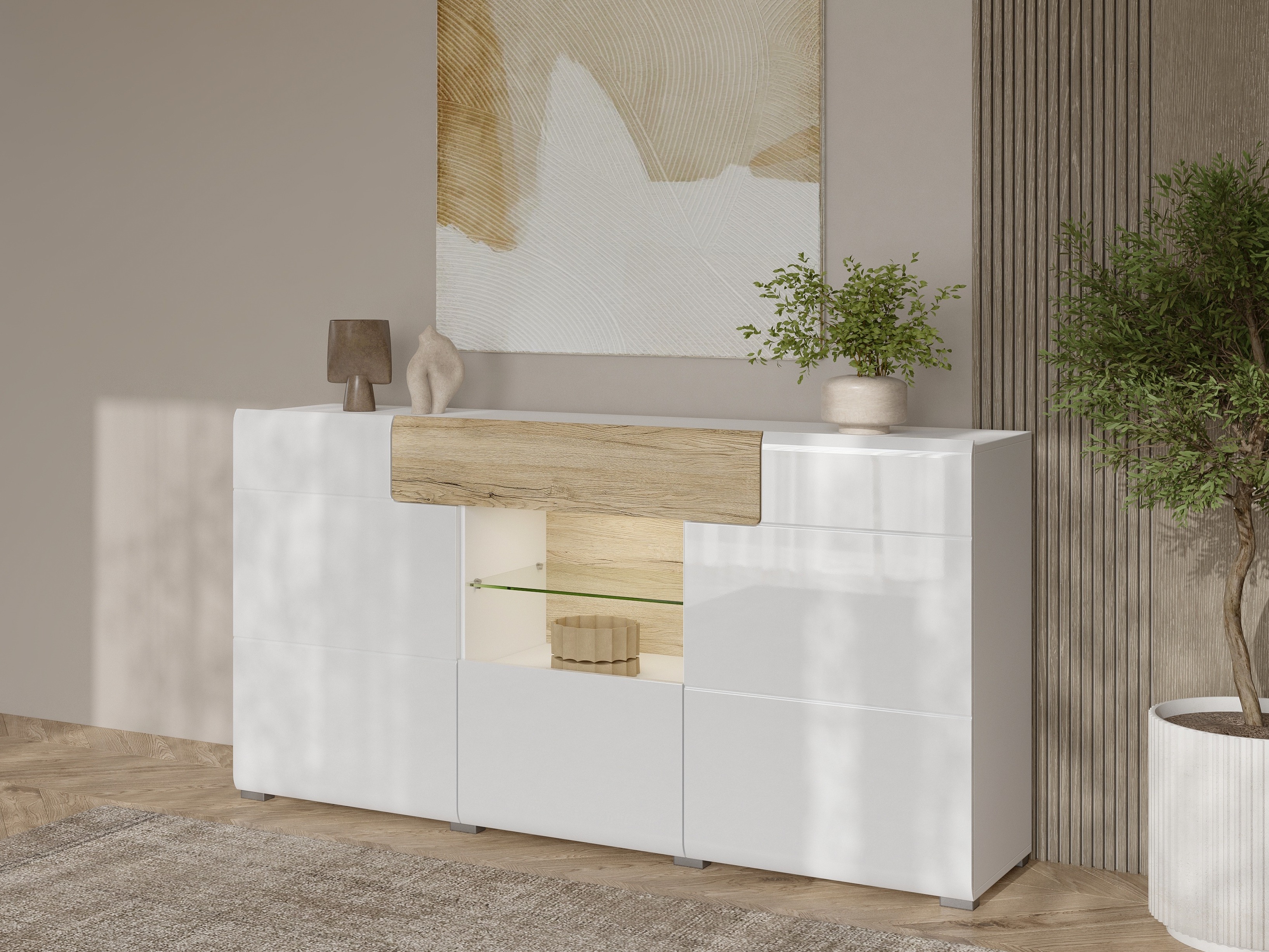 Chest of drawers Torsone 108 (White + Glossy white + San Remo oak)