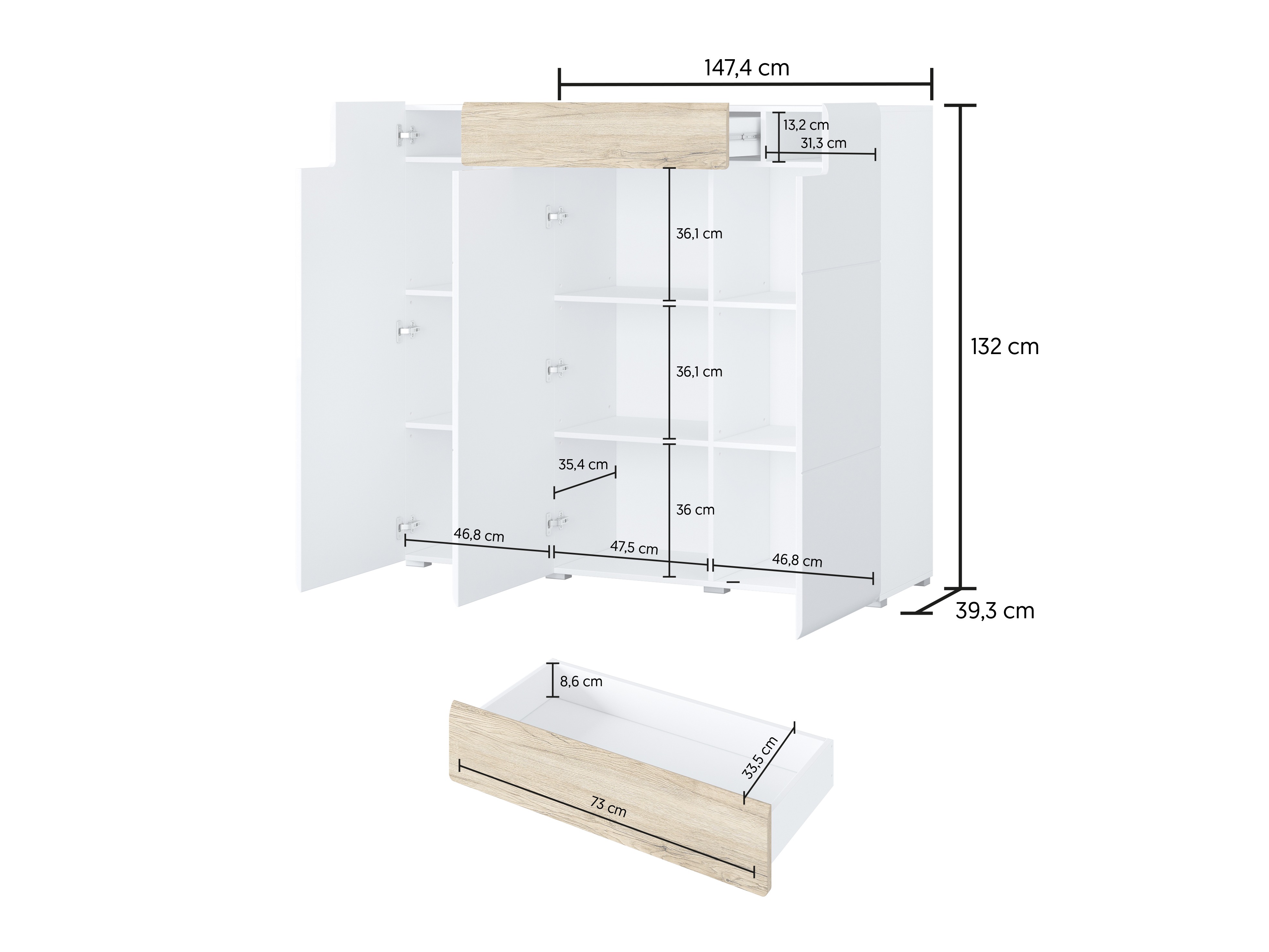 Chest of drawers Torsone 112 (White + Glossy white + San Remo oak)
