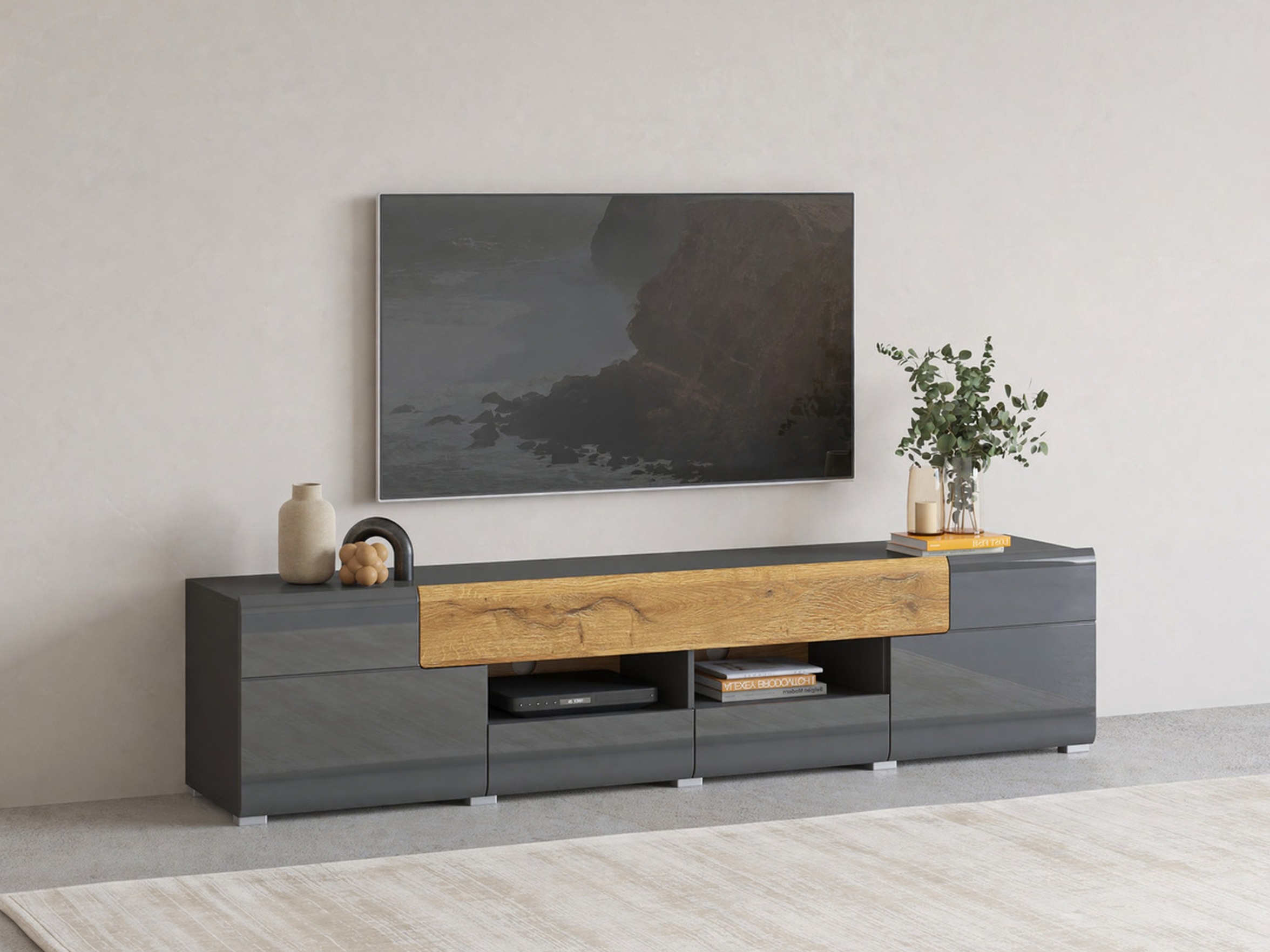 TV stand Torsone 113 (Anthracite + Gloss anthracite + Grandson oak)