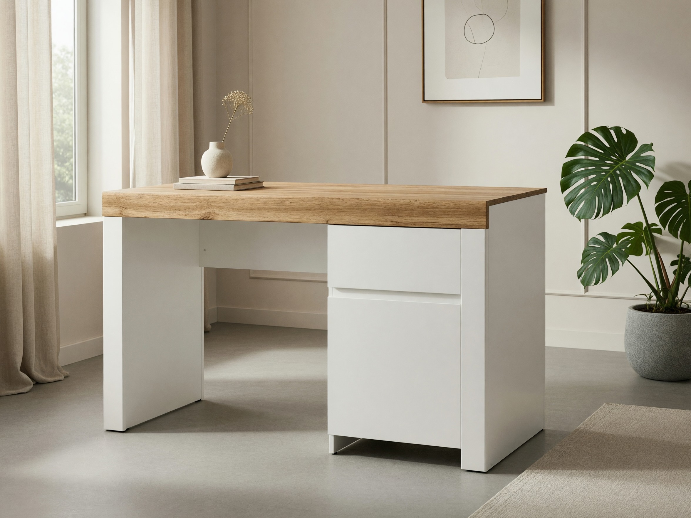 Desk Sonsoru 130 (White + Glossy white + Wotan Oak)