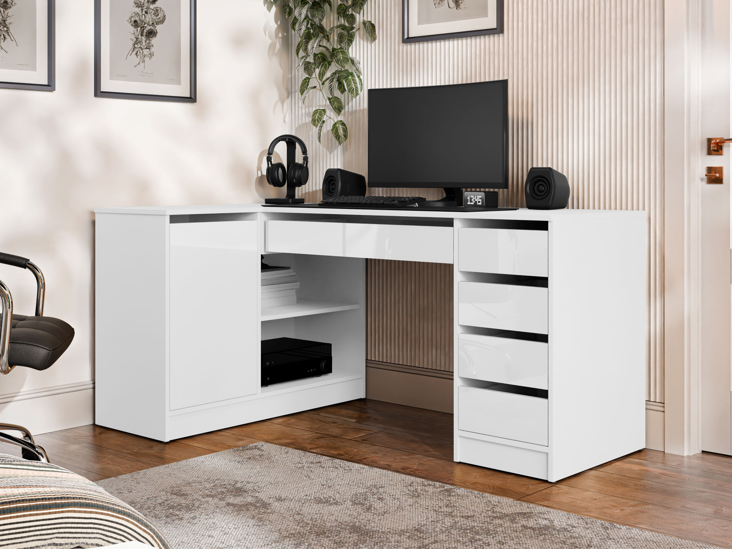 Corner desk Comfivo Terros III (Glossy white + White)