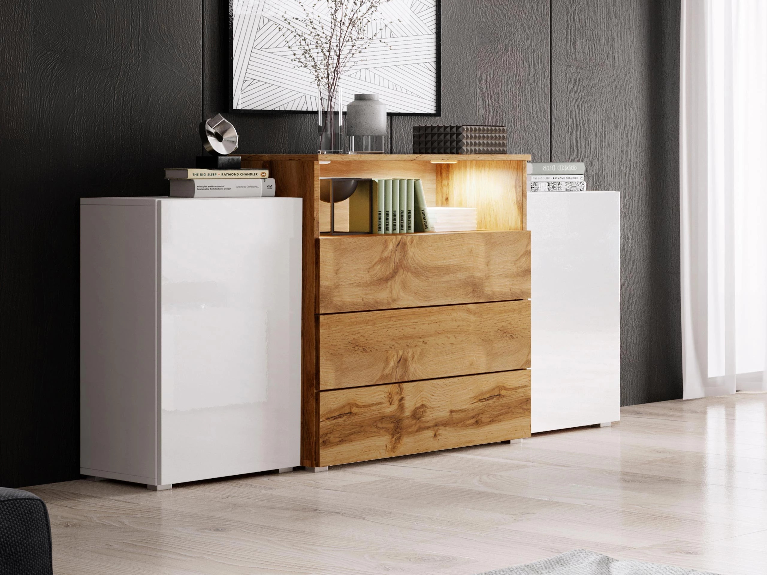 Chest of drawers Sarasota 127 (White + Glossy white + Wotan Oak)