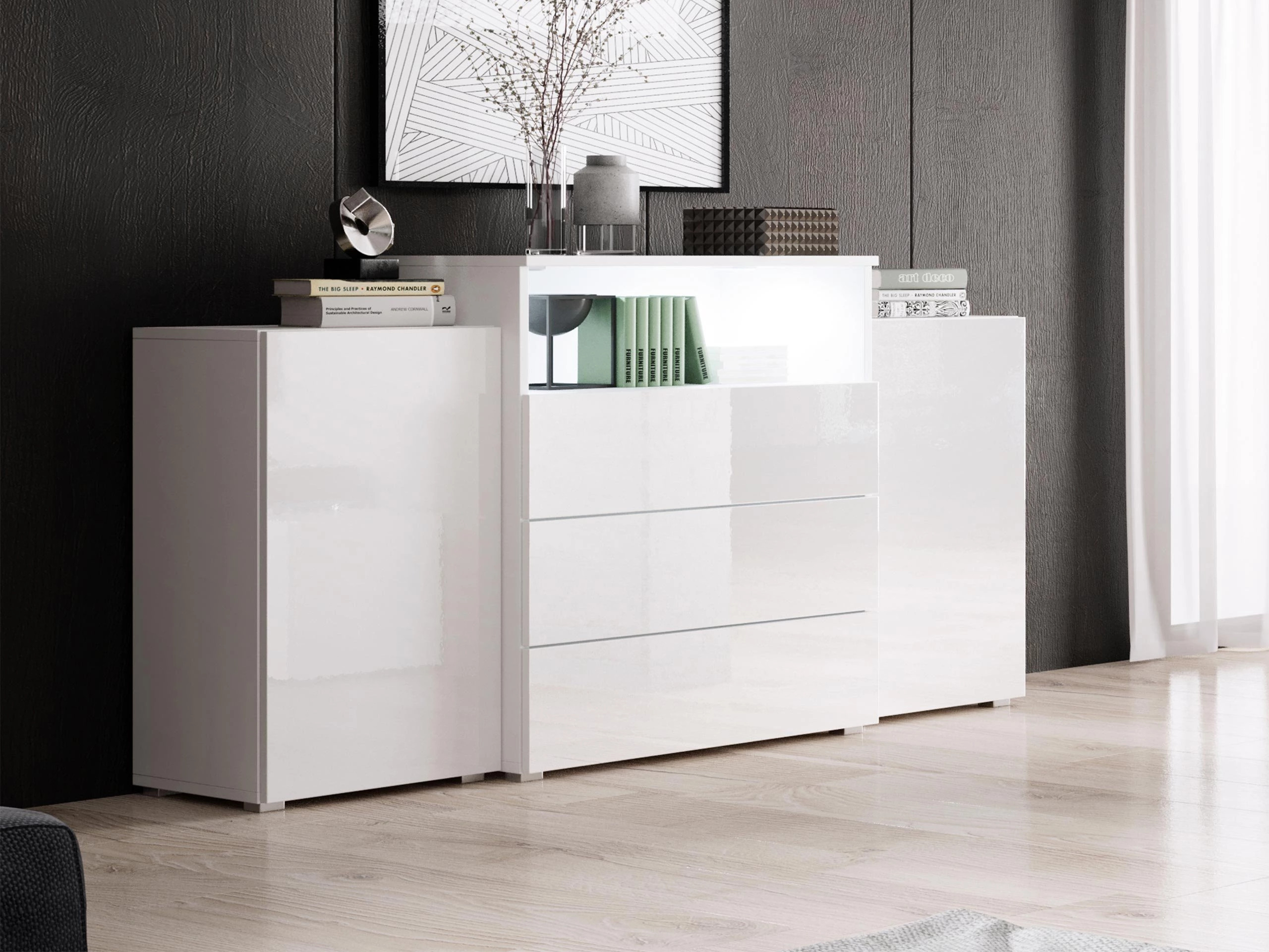 Chest of drawers Sarasota 127 (White + Glossy white)