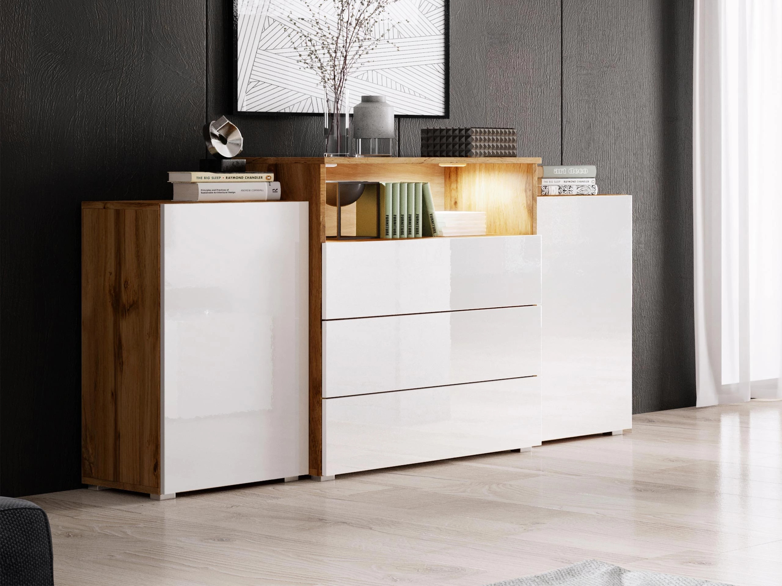 Chest of drawers Sarasota 127 (Wotan Oak + Glossy white)