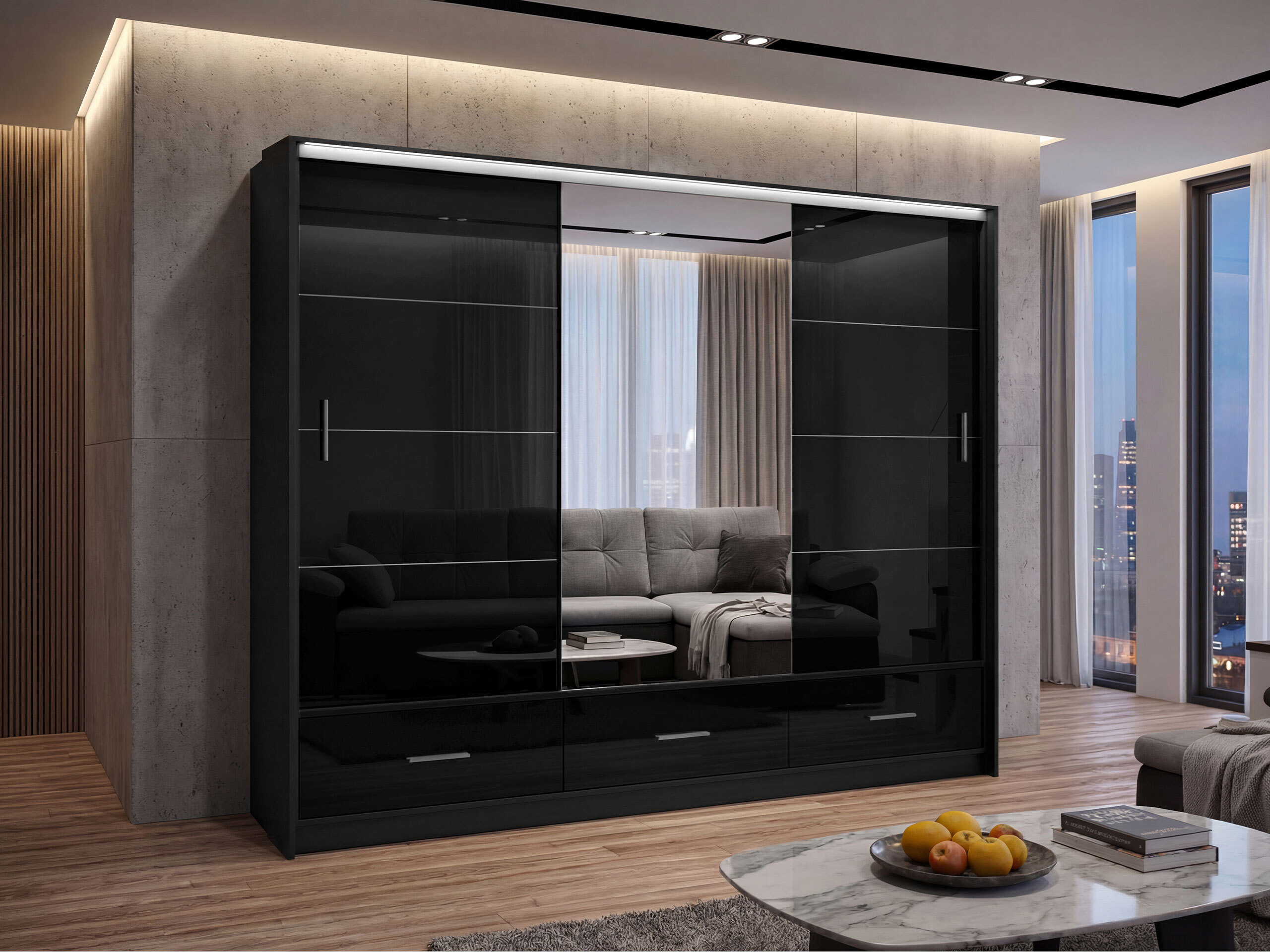 Wardrobe Honolulu 203 (Black + Glossy black)