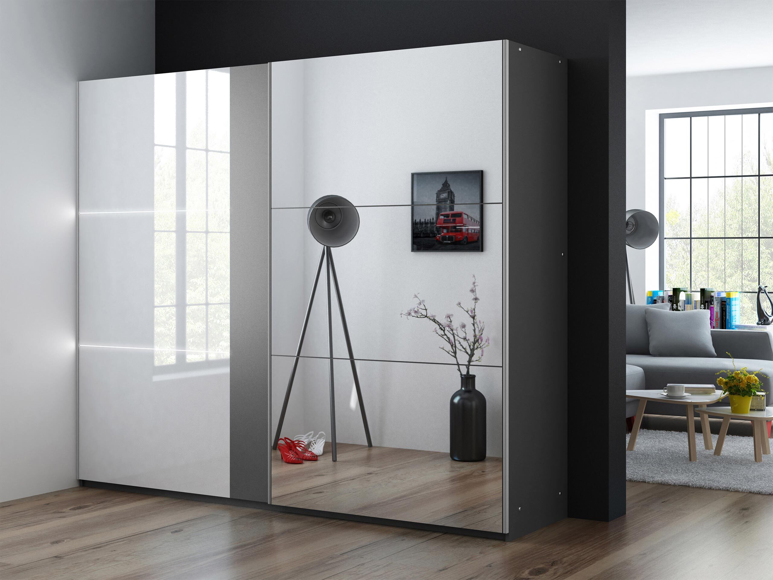 Wardrobe Honolulu 122 (Graphite + Glossy white)