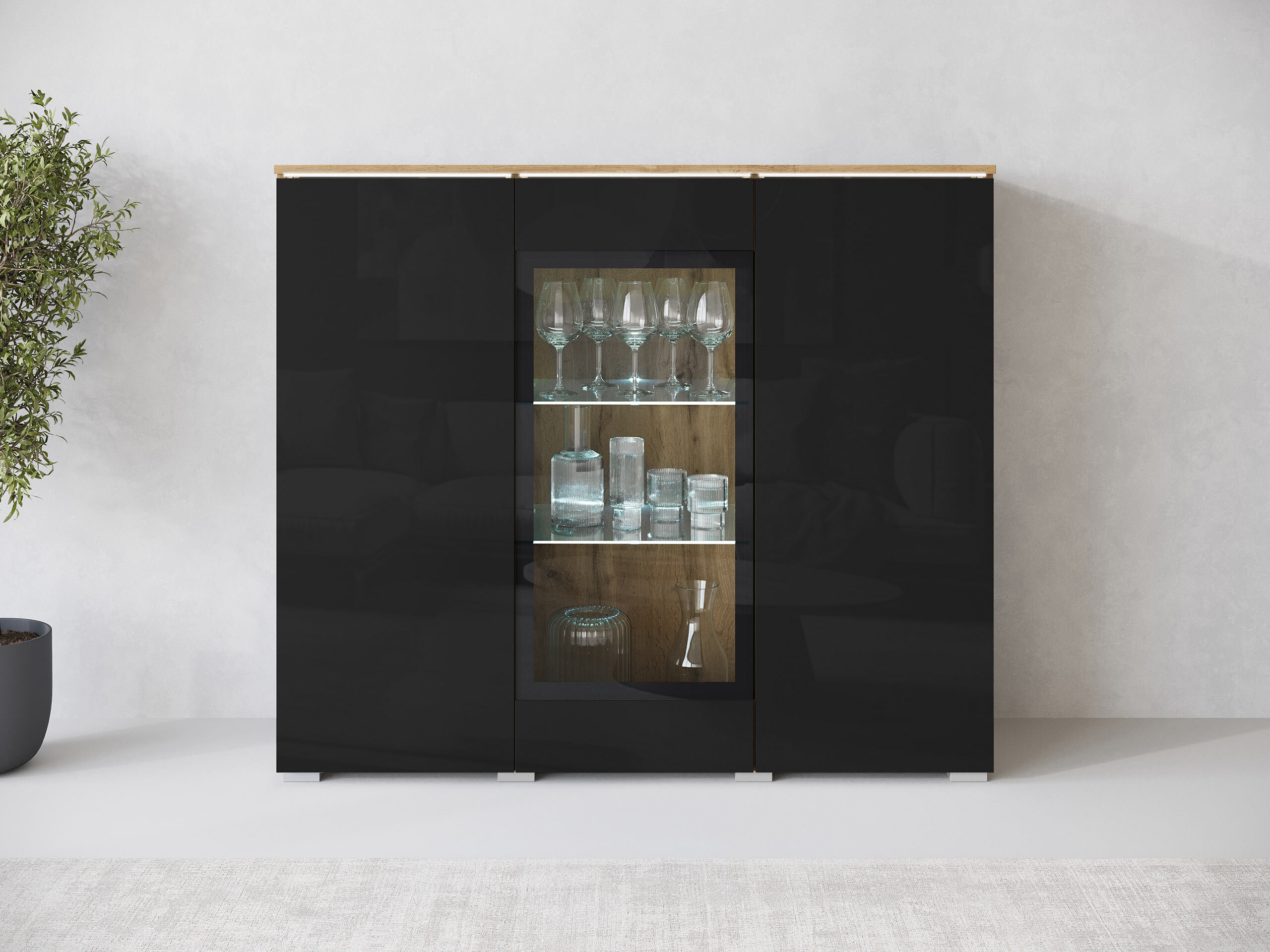 Sideboard Mirfivo 103 (Wotan Oak + Glossy black)