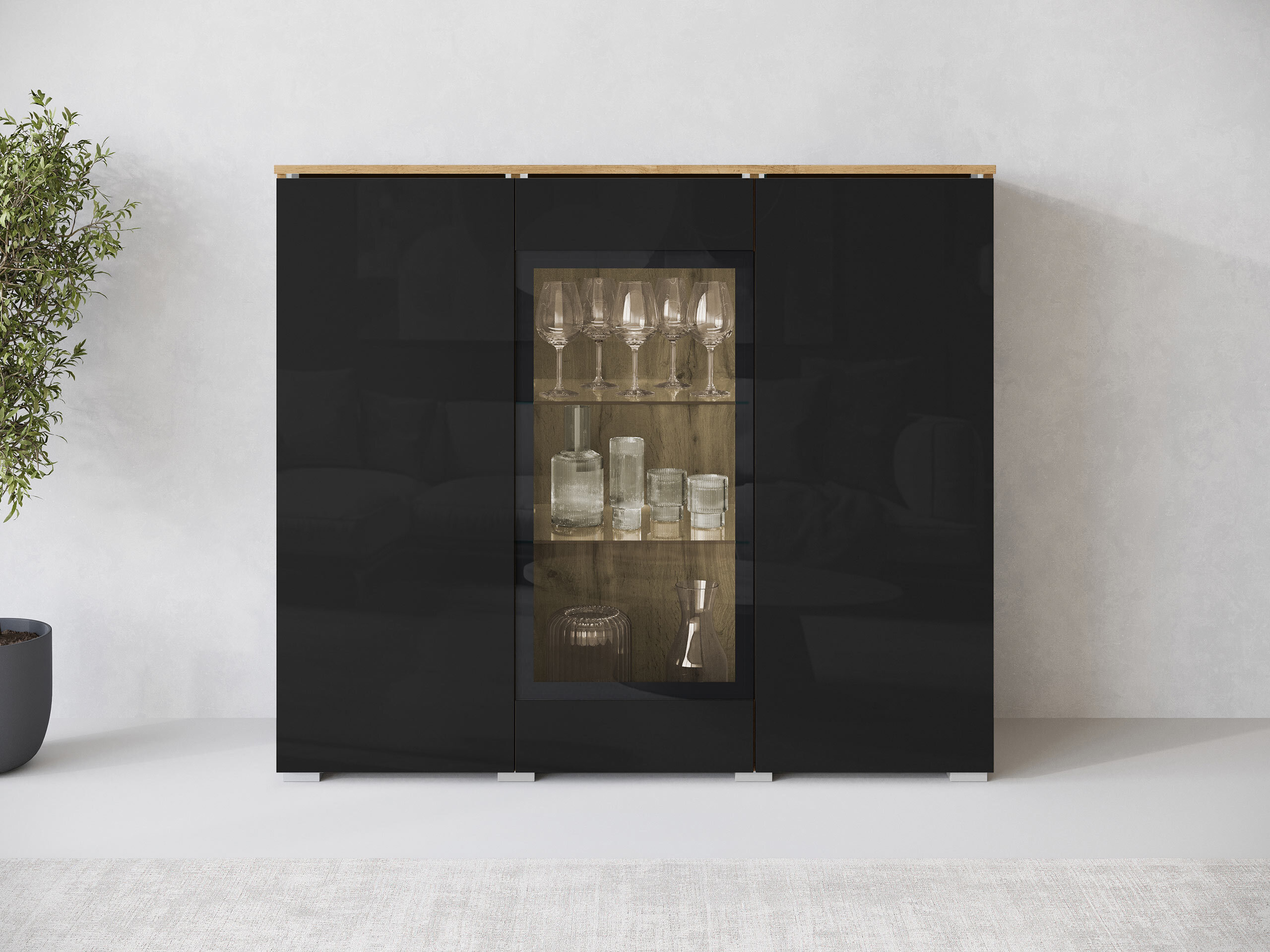 Sideboard Mirfivo 103 (Wotan Oak + Glossy black)