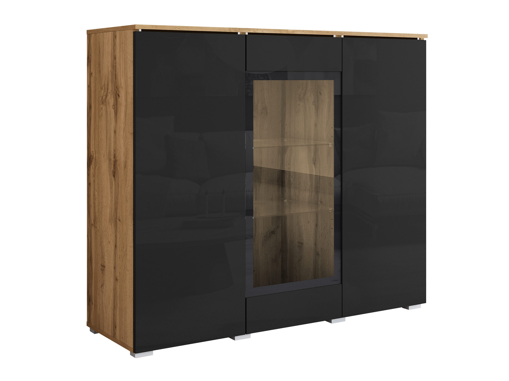 Sideboard Mirfivo 103 (Wotan Oak + Glossy black)